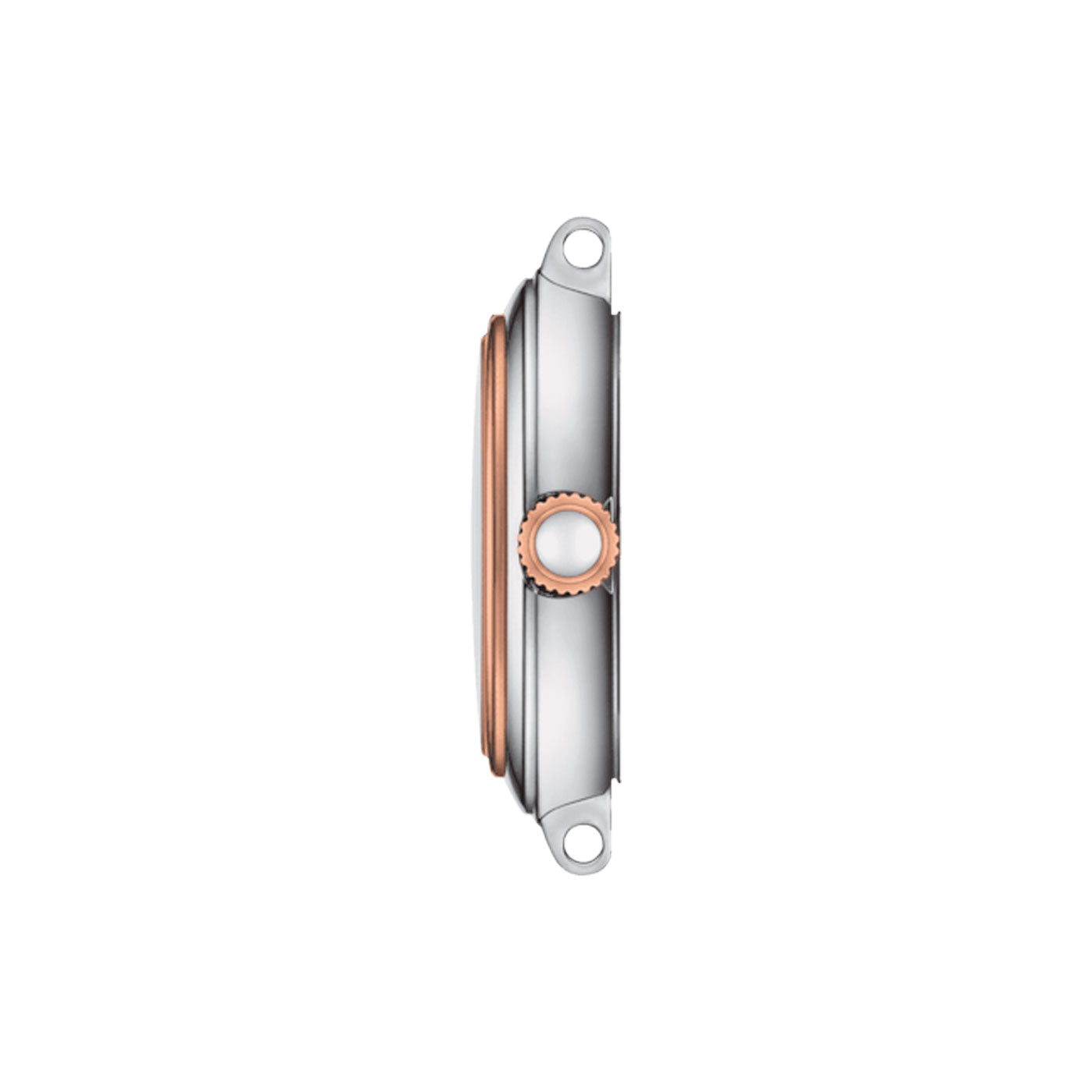The side view displays the Tissot Bellissima Small Lady Quartz 26mm Watch, a round, silver and copper-colored timepiece crafted from 316L stainless steel. It features a central button and two small loops on opposite ends against a plain white background.