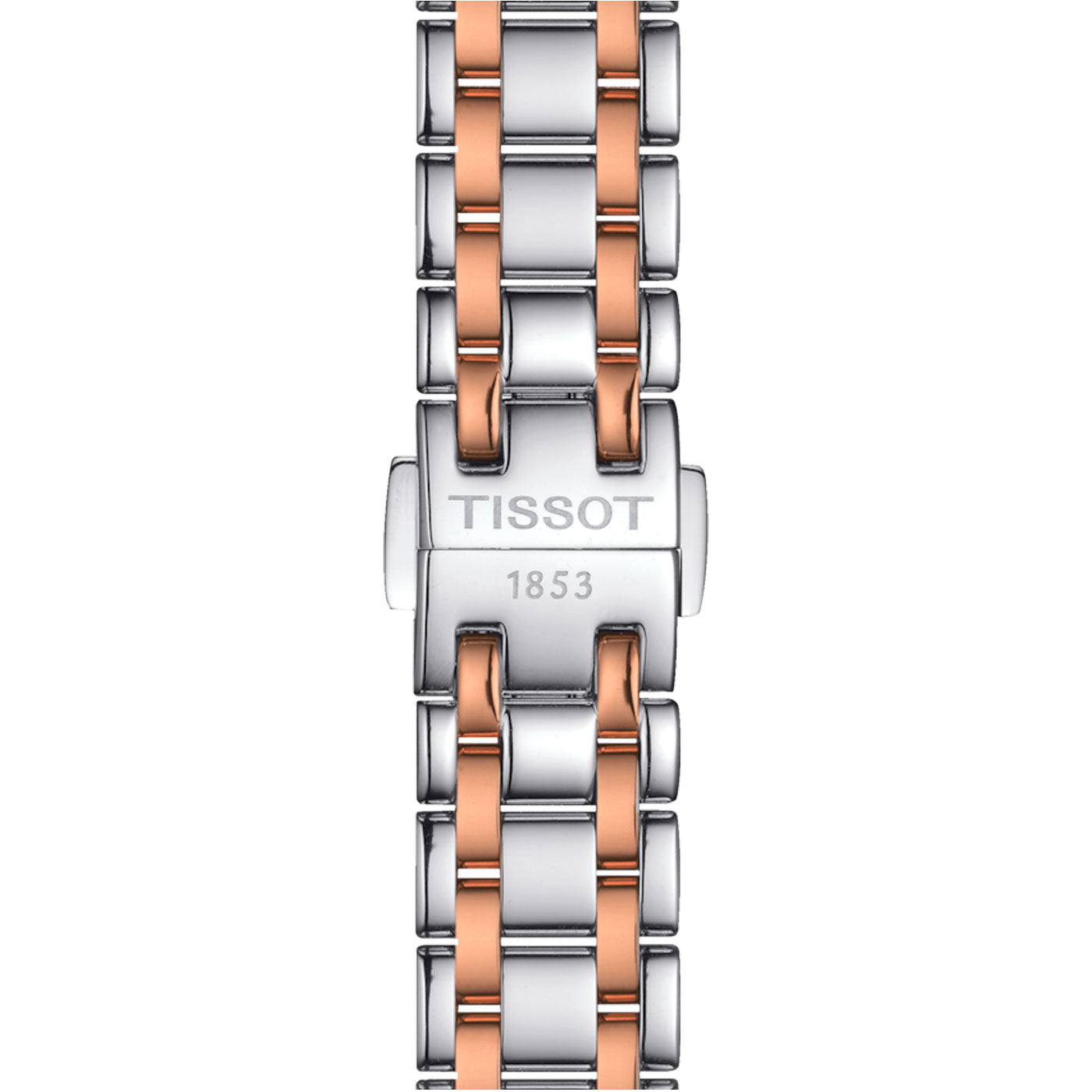 Close-up of a Tissot Bellissima Automatic 29mm Watch strap, showcasing a polished metal design with alternating silver and rose gold links. The central link is engraved with the Tissot logo and the year 1853, complemented by a sapphire crystal face that highlights its exquisite craftsmanship.