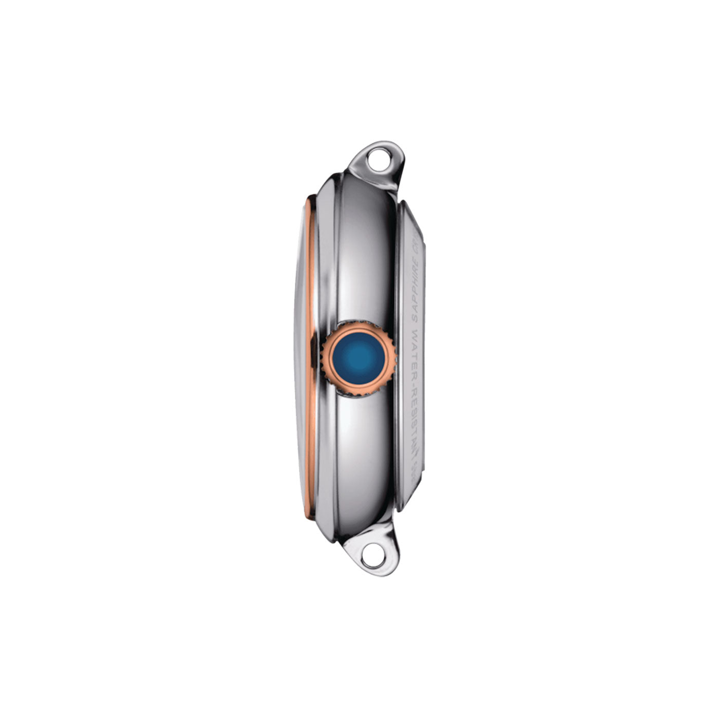 The Tissot Bellissima Automatic 29mm Watch features a sleek and minimalist design, showcasing a silver wristwatch body with rounded edges and a polished finish. From the side view, you can see its prominent blue button, two mounting points, and a sapphire crystal.