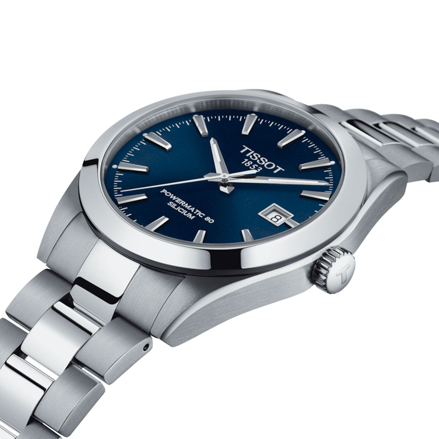 The Tissot Gentleman Powermatic 80 Automatic Silicium 40mm Watch by Tissot features a silver design with a blue dial and date display. It boasts a 316L stainless steel case, sleek metal links with polished accents, and prominently displays the brand logo on the face. A sapphire crystal enhances its durability while maintaining an elegant and modern aesthetic.