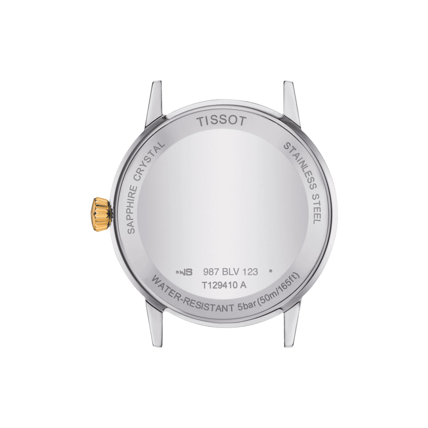 The rear of the Tissot Classic Dream Quartz 42mm watch emphasizes attributes such as a "Scratch-Resistant Sapphire Crystal," "316L Stainless Steel," and "Water-Resistant up to 5 bar (50m/165ft)." It features a gold crown positioned on the left side and silver lugs.