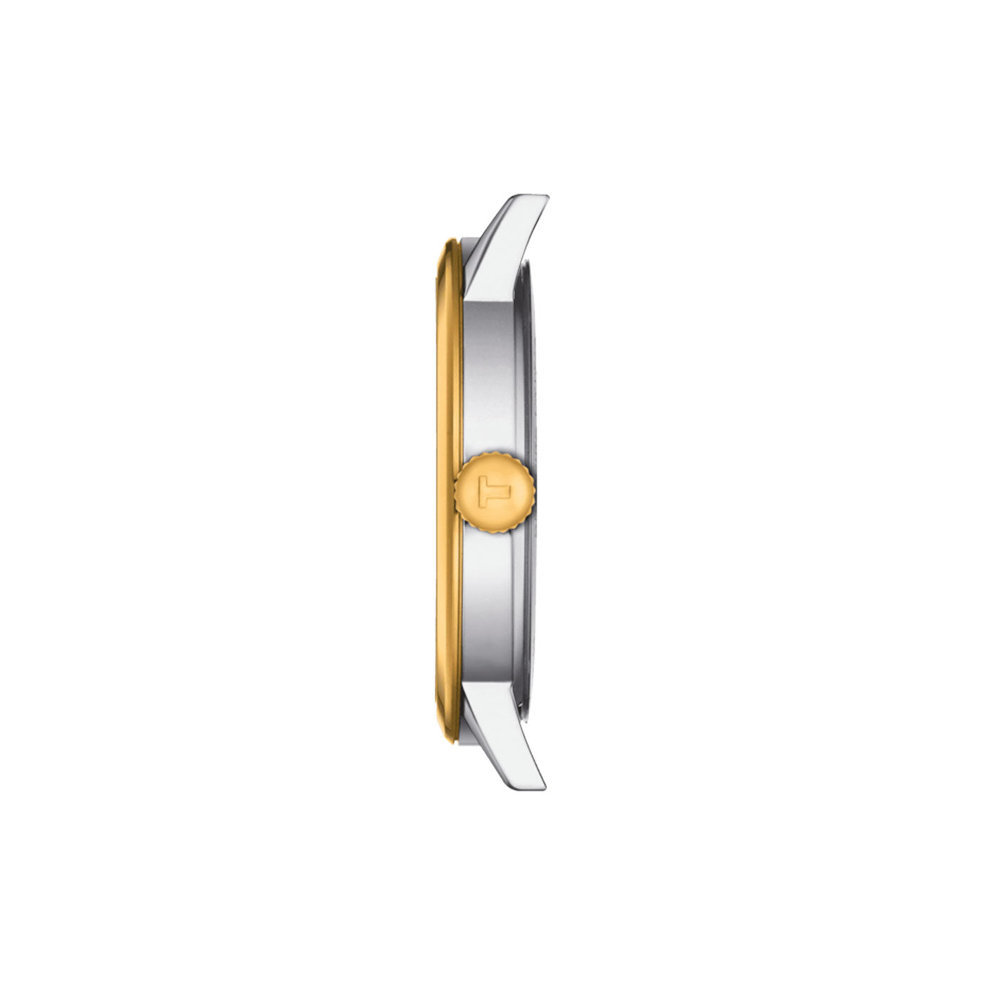 A side view of the Tissot Classic Dream Quartz 42mm Watch highlights its elegant two-tone design, featuring a silver and gold case made from 316L stainless steel. The centrally positioned crown maintains a minimal and sleek profile against a white backdrop. Precision is guaranteed by Swiss Quartz Movement, complemented by a scratch-resistant sapphire crystal.