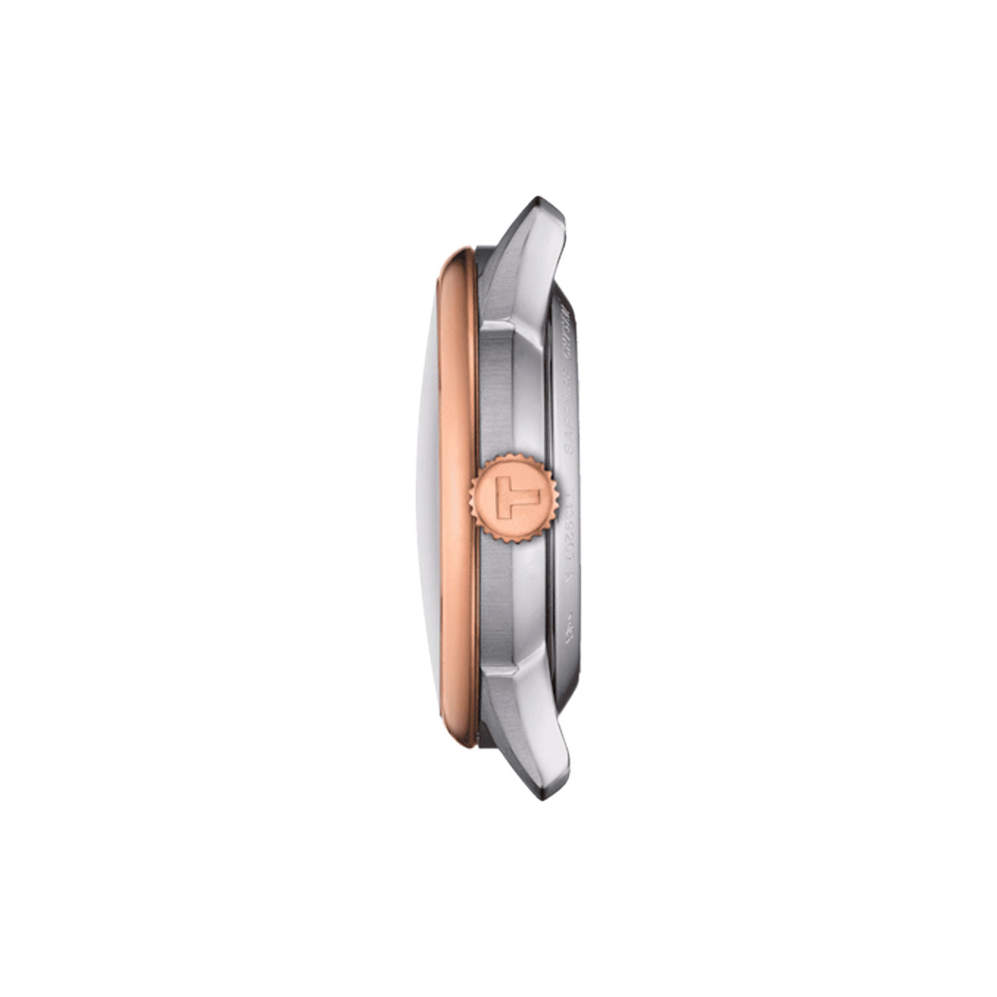 Side view of the Tissot Chemin Des Tourelles Powermatic 80 Automatic 34mm Watch, showcasing a silver case with a rose gold bezel and equipped with a Swiss automatic movement. The crown is positioned on the right, enhancing its sleek, minimalist design. Set against a plain white background, the watch's refined profile takes center stage.