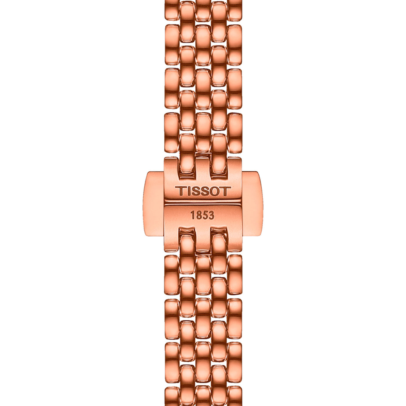 A close-up of a rose gold Tissot Lovely Round Quartz 19.5mm watch bracelet, crafted with 316L stainless steel and featuring a linked chain design. The brand name "TISSOT" and the year "1853" are elegantly engraved on the clasp, highlighting its enduring craftsmanship.