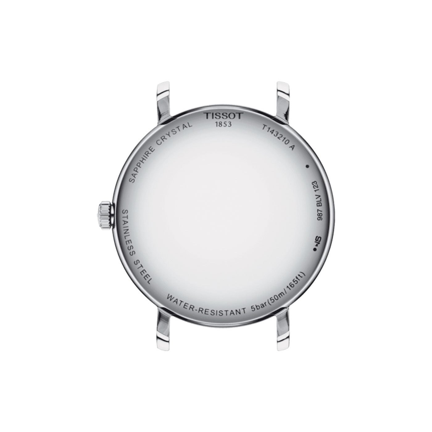 The image displays the back of a Tissot Everytime Quartz 34mm Watch case, made from 316L stainless steel. It includes Swiss Quartz Movement and markings indicating water resistance up to 5 bar, accompanied by scratch-resistant sapphire crystal. The design features four lugs and a side crown, with the model number T137410A.