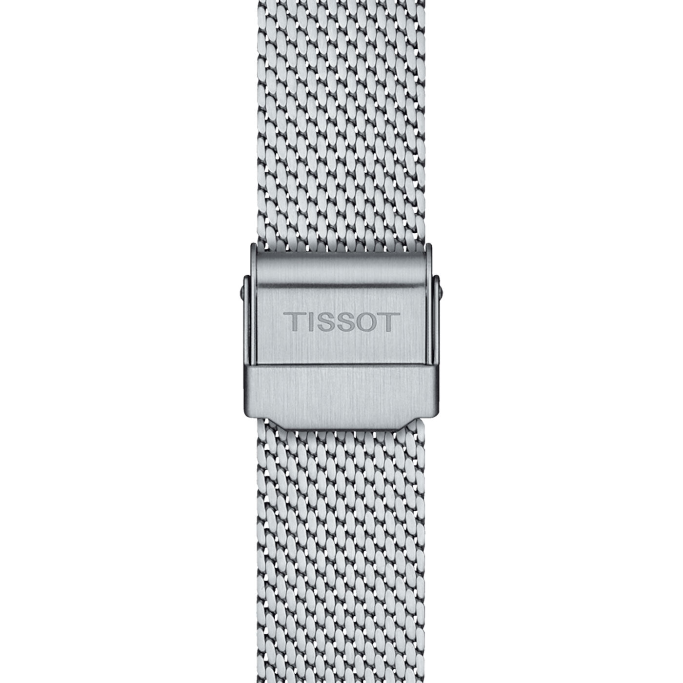 Close-up of the Tissot Everytime Quartz 34mm Watch showcases a silver mesh strap with a clasp adorned by the Tissot logo. The woven metal design, combined with the 316L stainless steel case, offers a sleek and modern appearance that highlights the renowned craftsmanship of Swiss Quartz Movement.