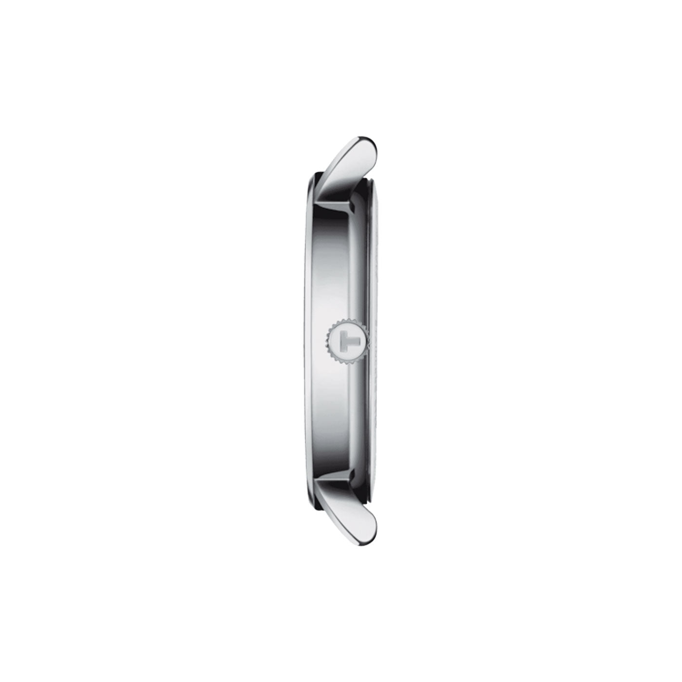 The Tissot Everytime Quartz 34mm Watch by Tissot showcases a sleek, thin 316L stainless steel case with a crown situated on the right side. Its visible lugs elevate the minimalist and elegant design, featuring a scratch-resistant sapphire crystal, all set against a plain white background.