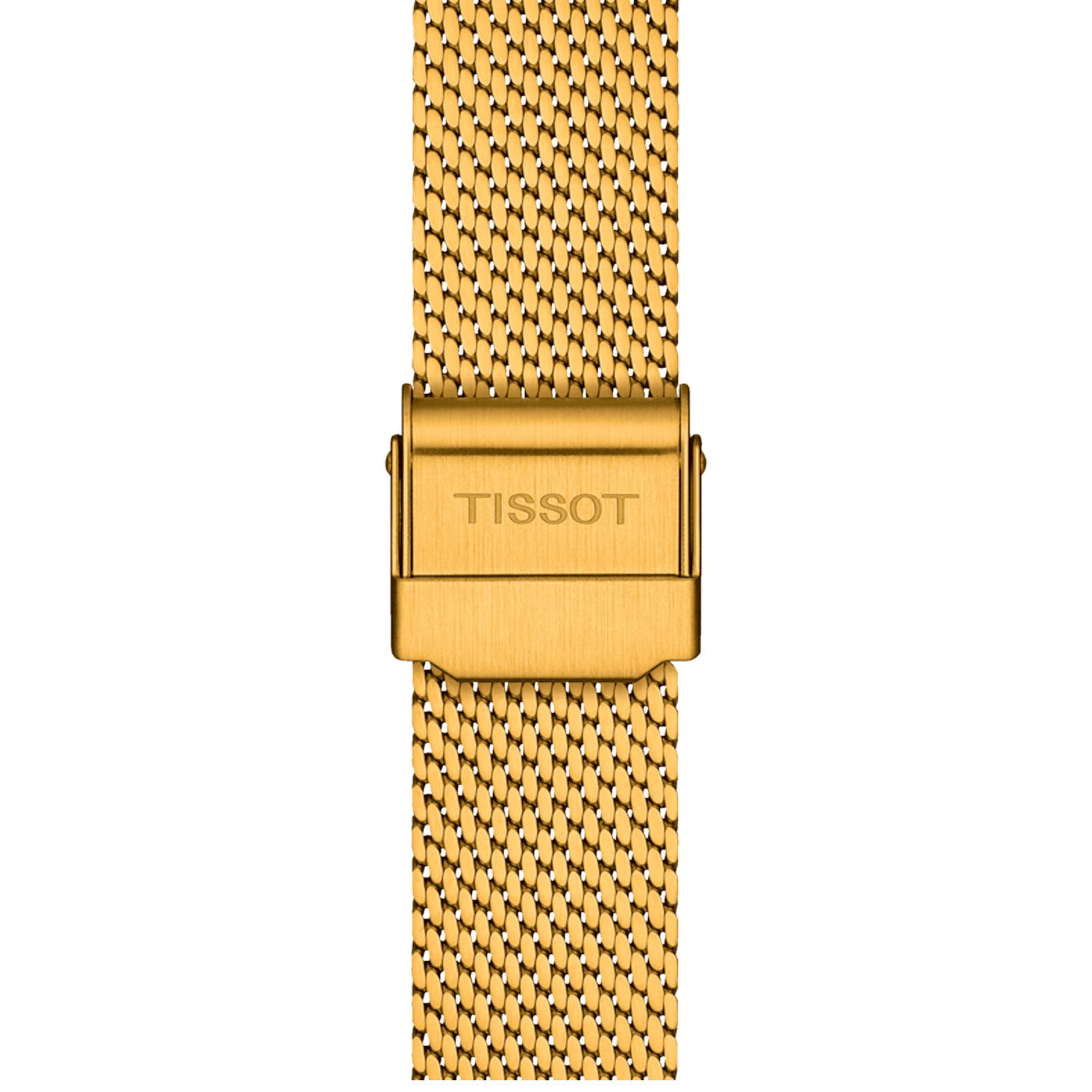 A close-up of the interwoven links on the yellow gold PVD-coated mesh strap of the Tissot Everytime Quartz 34mm Watch highlights its intricate texture. The centrally positioned clasp accentuates Tissot's design, while the scratch-resistant sapphire crystal enhances both elegance and durability, powered by Swiss Quartz movement.