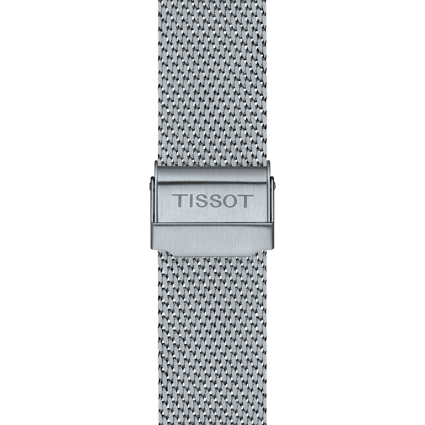 Close-up of the clasp on the Tissot Everytime Quartz 40mm Watch, highlighting its silver mesh band. The metallic, scratch-resistant clasp is adorned with the engraved Tissot logo, exemplifying Swiss craftsmanship.