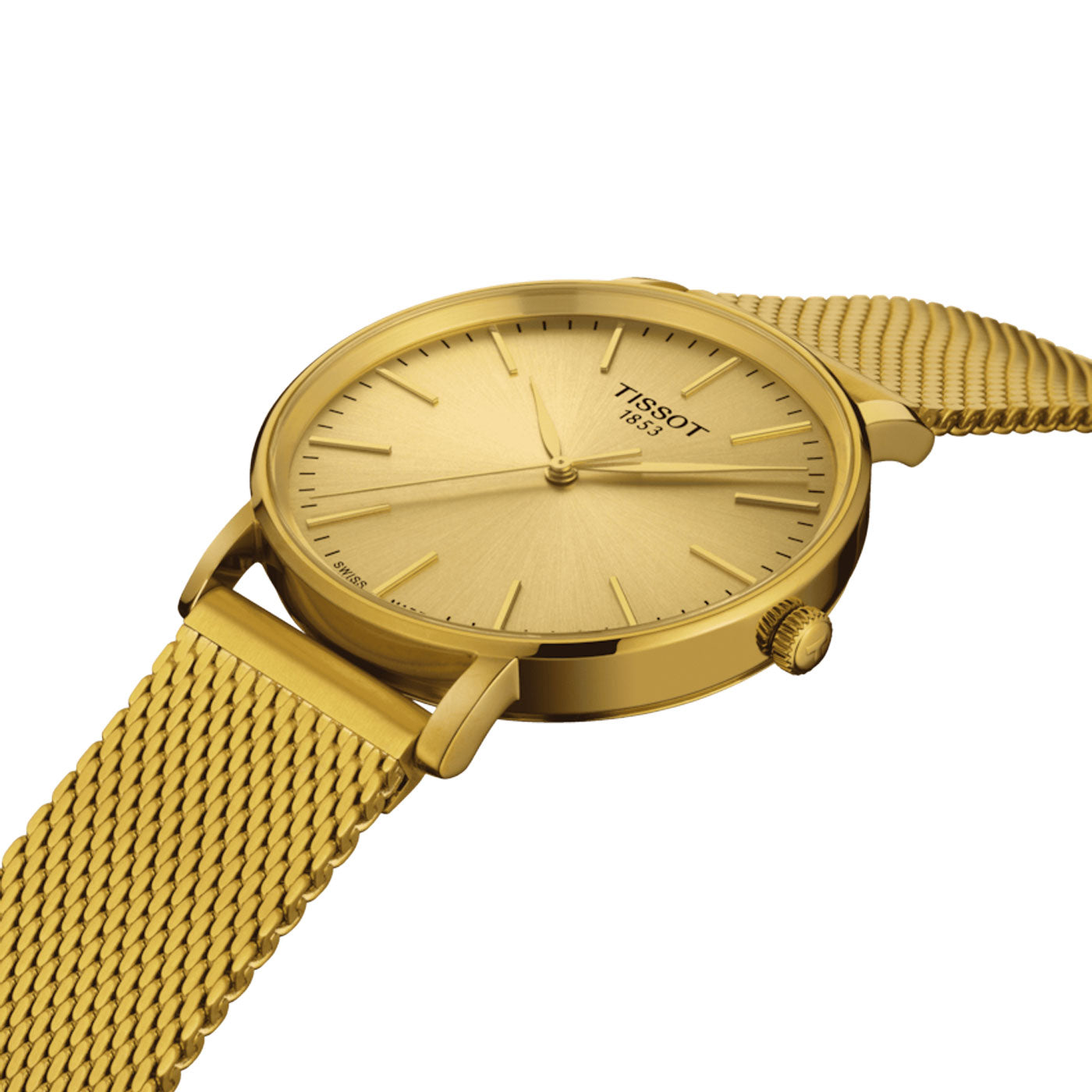 The Tissot Everytime Quartz 40mm Watch is a sophisticated gold timepiece with a minimalist design, featuring a sleek yellow gold PVD-coated mesh band and matching dial. It highlights simple hour markers and hands, driven by precise Swiss Quartz movement, and is safeguarded by scratch-resistant sapphire crystal.