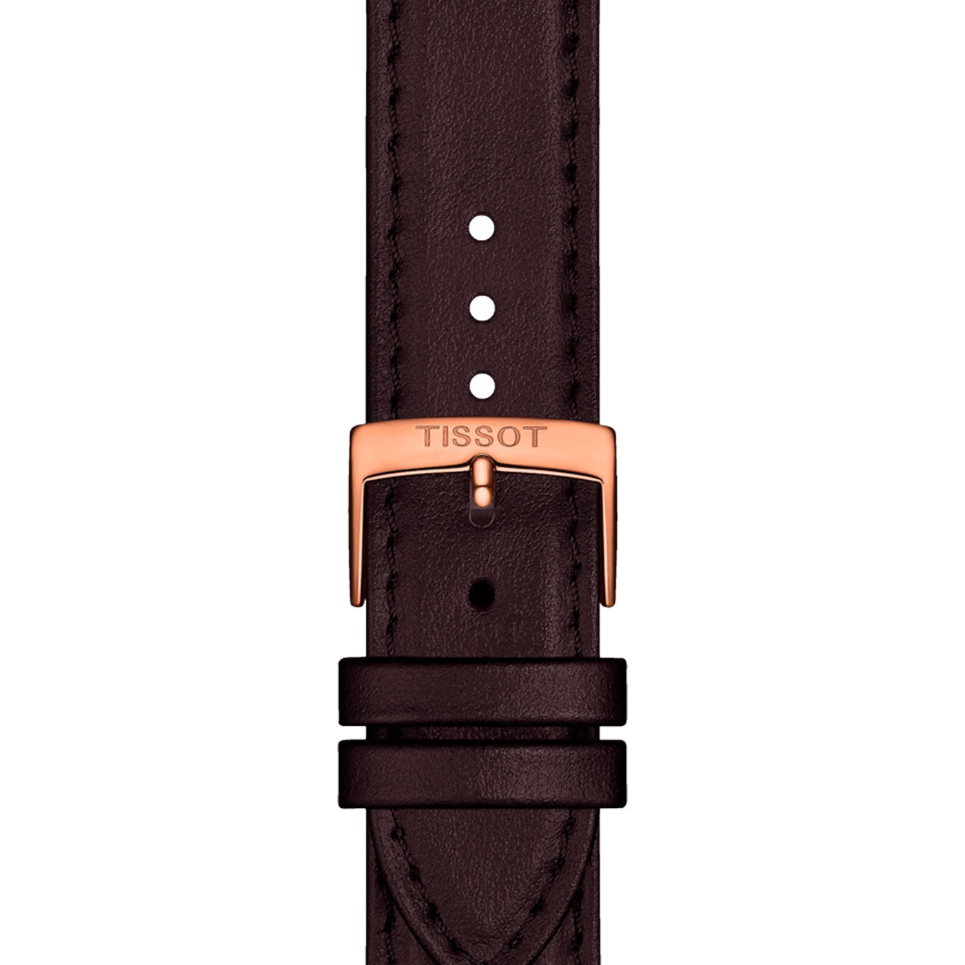 The Tissot Everytime Quartz 40mm Watch features a brown leather strap equipped with a rose gold PVD-coated buckle, showcasing multiple holes for size adjustment and a sleek, stitched design.