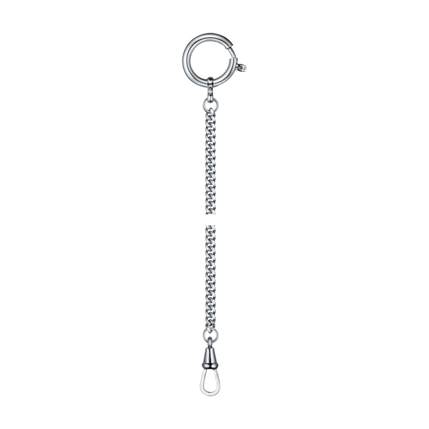 This elegant and minimalist keychain reflects the design elements of the Tissot Savonnette Quartz 48.5mm Watch, featuring a silver-tone metal chain with a circular keyring at the top and a lobster clasp at the bottom, inspired by its stainless steel case.