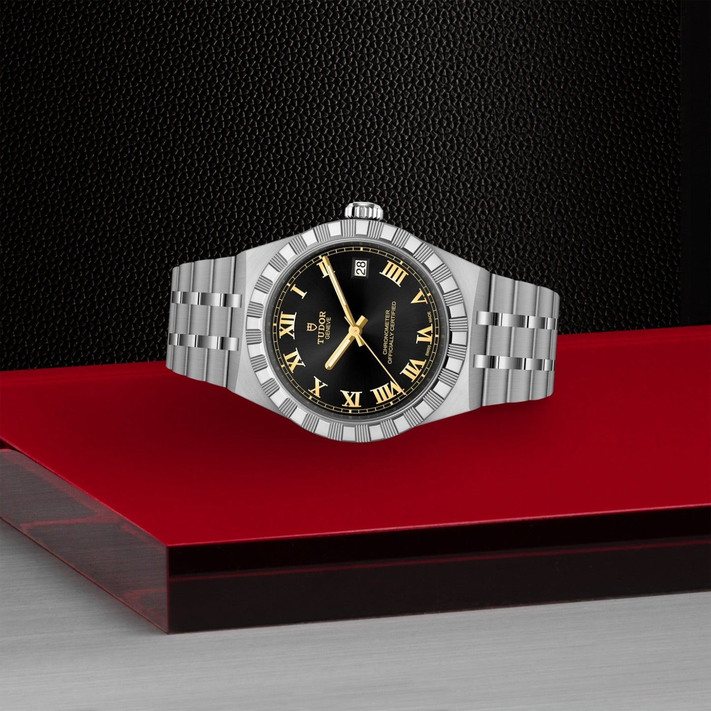 The TUDOR Royal luxury wristwatch by TUDOR features a silver stainless steel case, black dial, and gold Roman numerals, presented on a red platform with a textured black and gray backdrop for an elegant display.