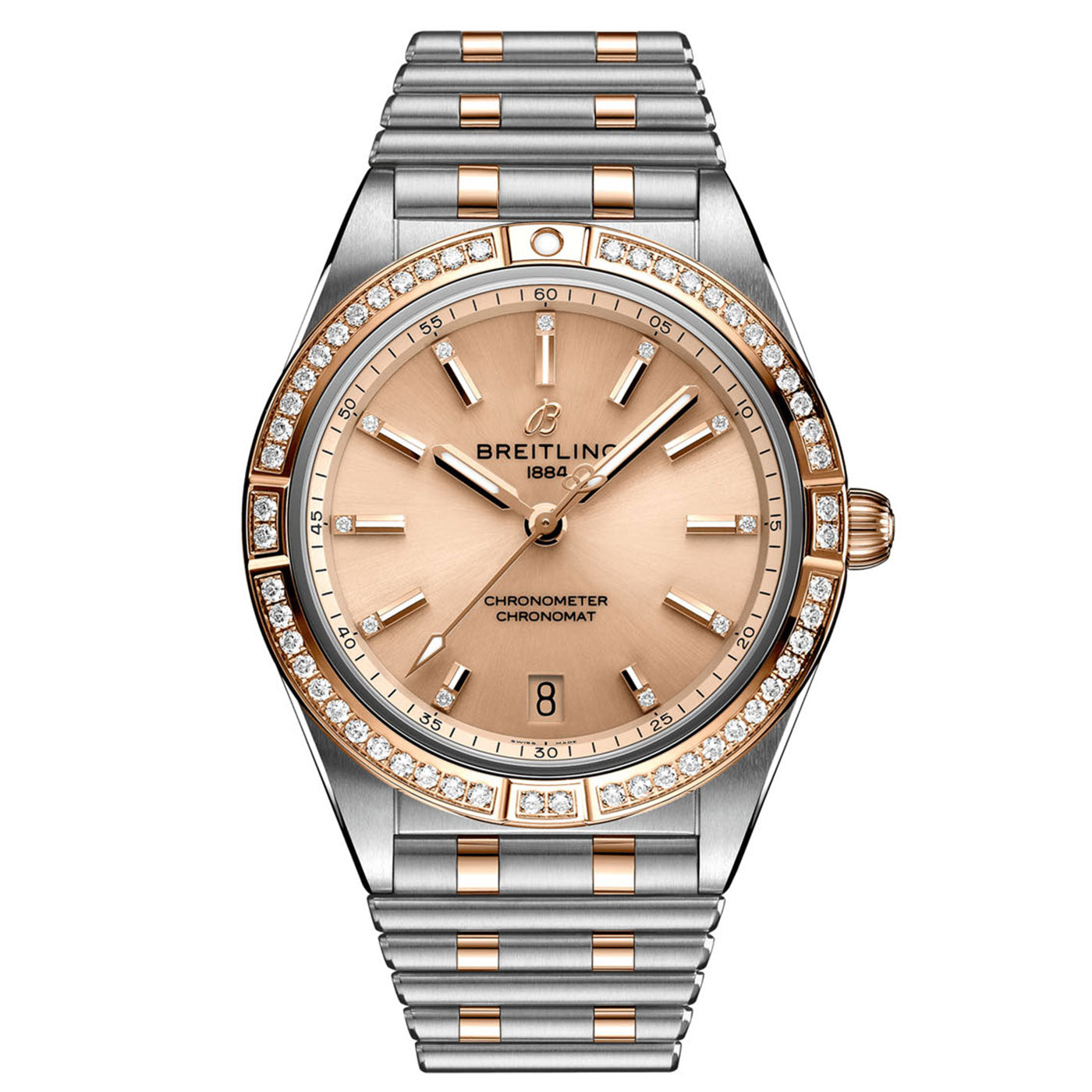 A BREITLING Chronomat Automatic 36 watch features a two-tone metal bracelet, a diamond-set bezel, and a champagne dial complemented by silver and gold hour markers and hands. The date is conveniently displayed at the 6 o'clock position.