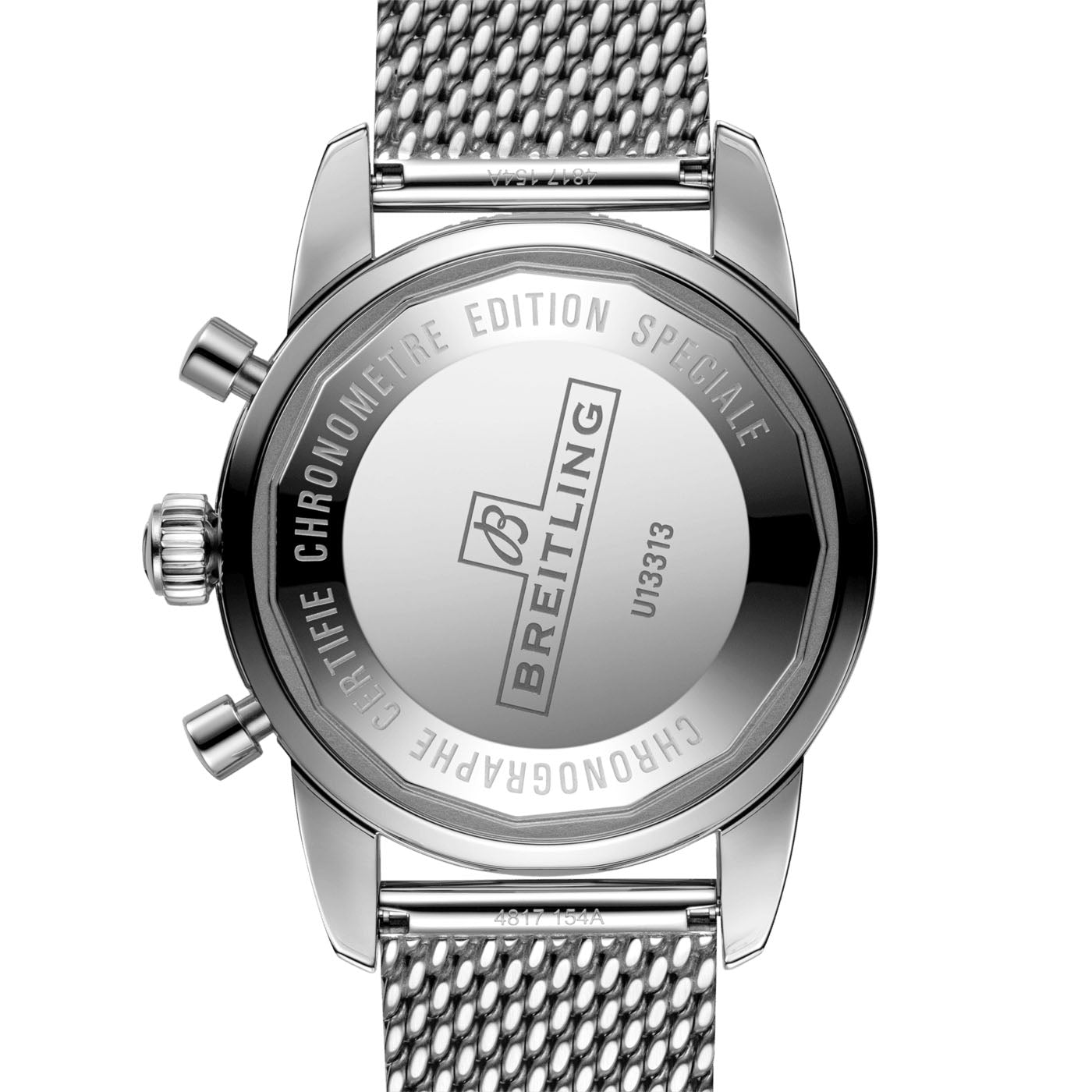 The image displays the back of a luxury BREITLING Superocean Heritage Chronograph 44, showcasing an engraved logo and model information. This diver's watch features a stainless steel mesh strap and notable side pushers, powered by the dependable Breitling Caliber 13.