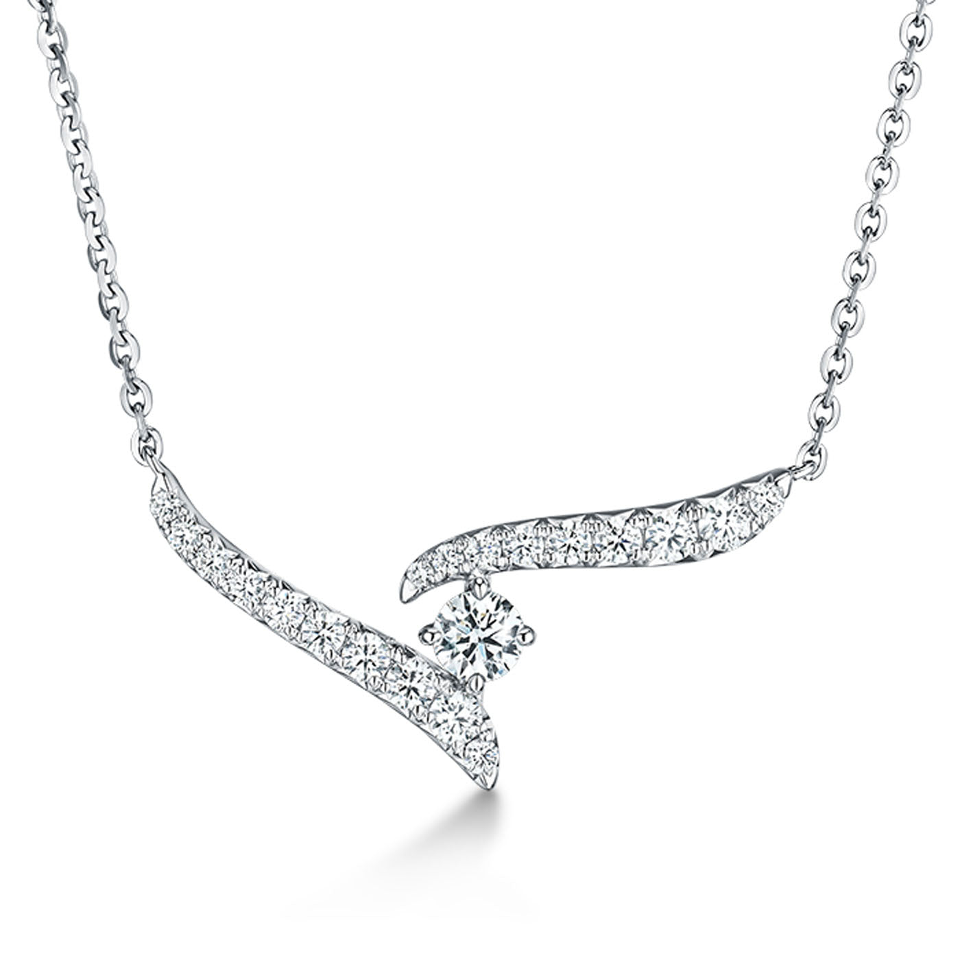 The Hearts On Fire Vela 18K White Gold Pendant features a distinctive design, with two curving lines elegantly adorned with sparkling diamonds. A single larger diamond graces the center, enhancing its elegance, while the understated chain beautifully complements this sophisticated piece.