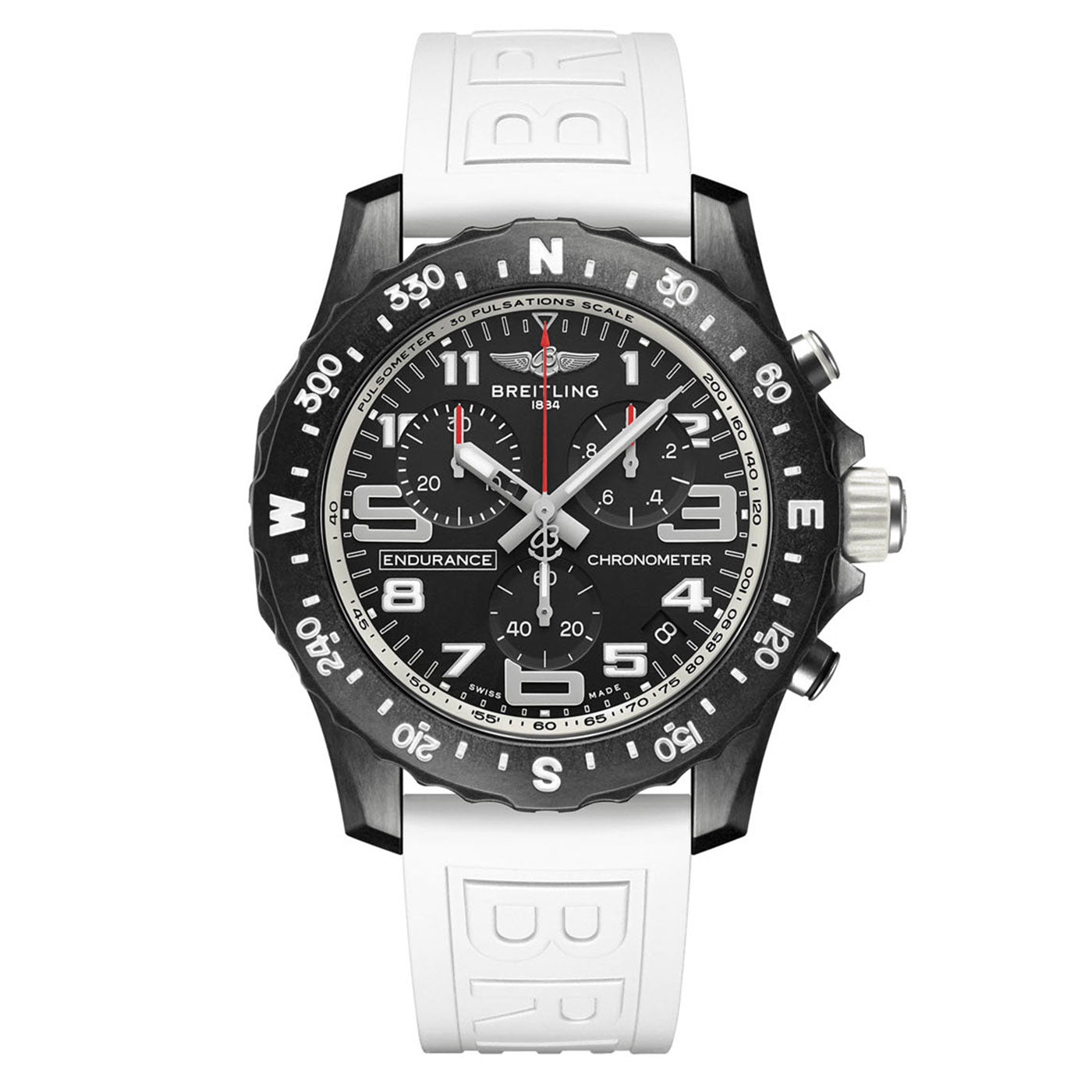 The BREITLING Endurance Pro by Breitling is an athleisure timepiece made from ultra-lightweight Breitlight®, featuring a black dial with white numerals and hands. It includes three subdials, a tachymeter scale on the bezel, and is matched with a white rubber strap embossed with "BREITLING.