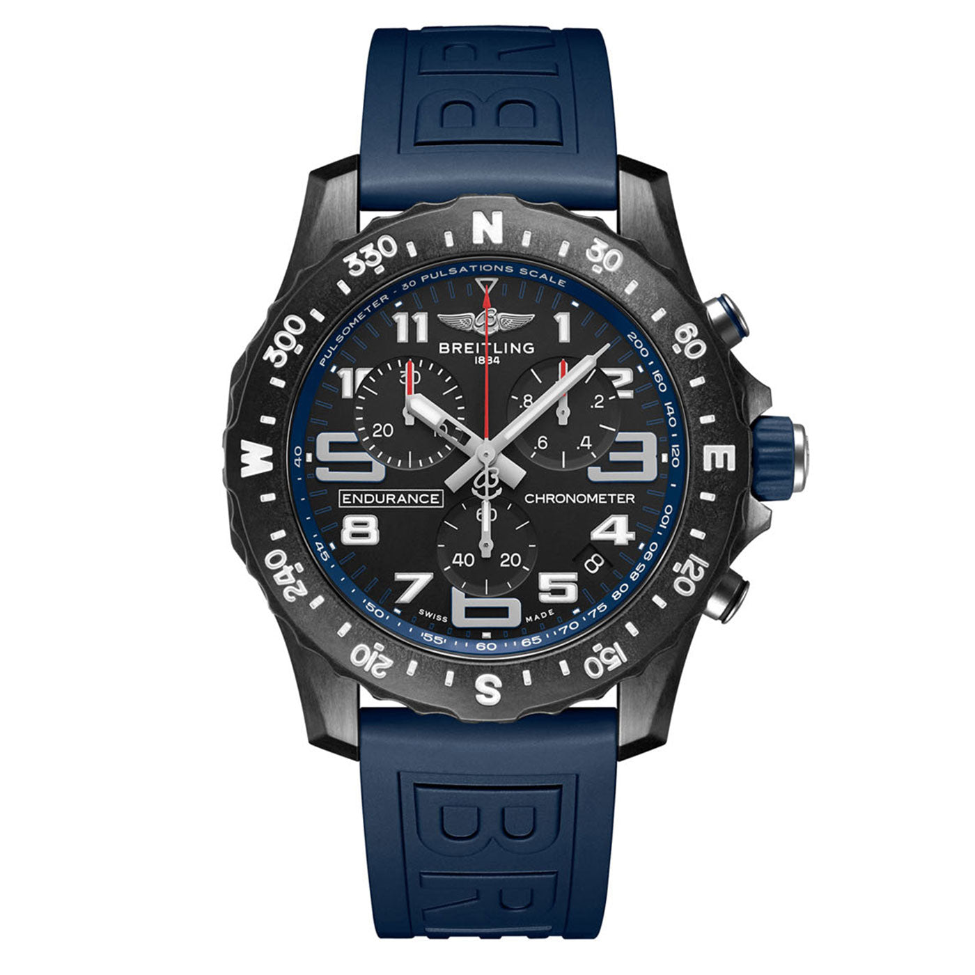 Close-up of the BREITLING Endurance Pro sports chronograph by Breitling, showcasing a black dial with white numerals and a blue rubber strap. Crafted from Breitlight®, the bezel features a pulsations scale, while multiple subdials contribute to its sporty and durable design.