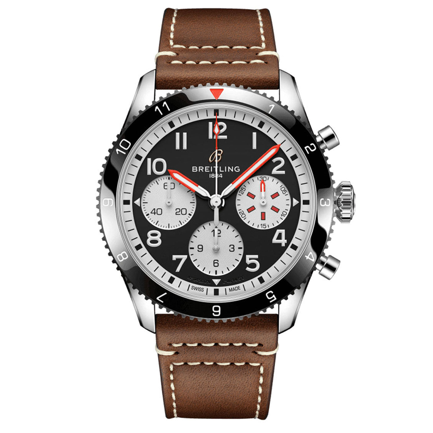 The BREITLING Classic AVI Chronograph 42 Mosquito from Breitling features a brown leather strap and a black dial, enhanced with silver and red accents. It is equipped with three subdials, a date window, and a textured rotating bezel, making it a timeless piece from the Classic AVI collection.