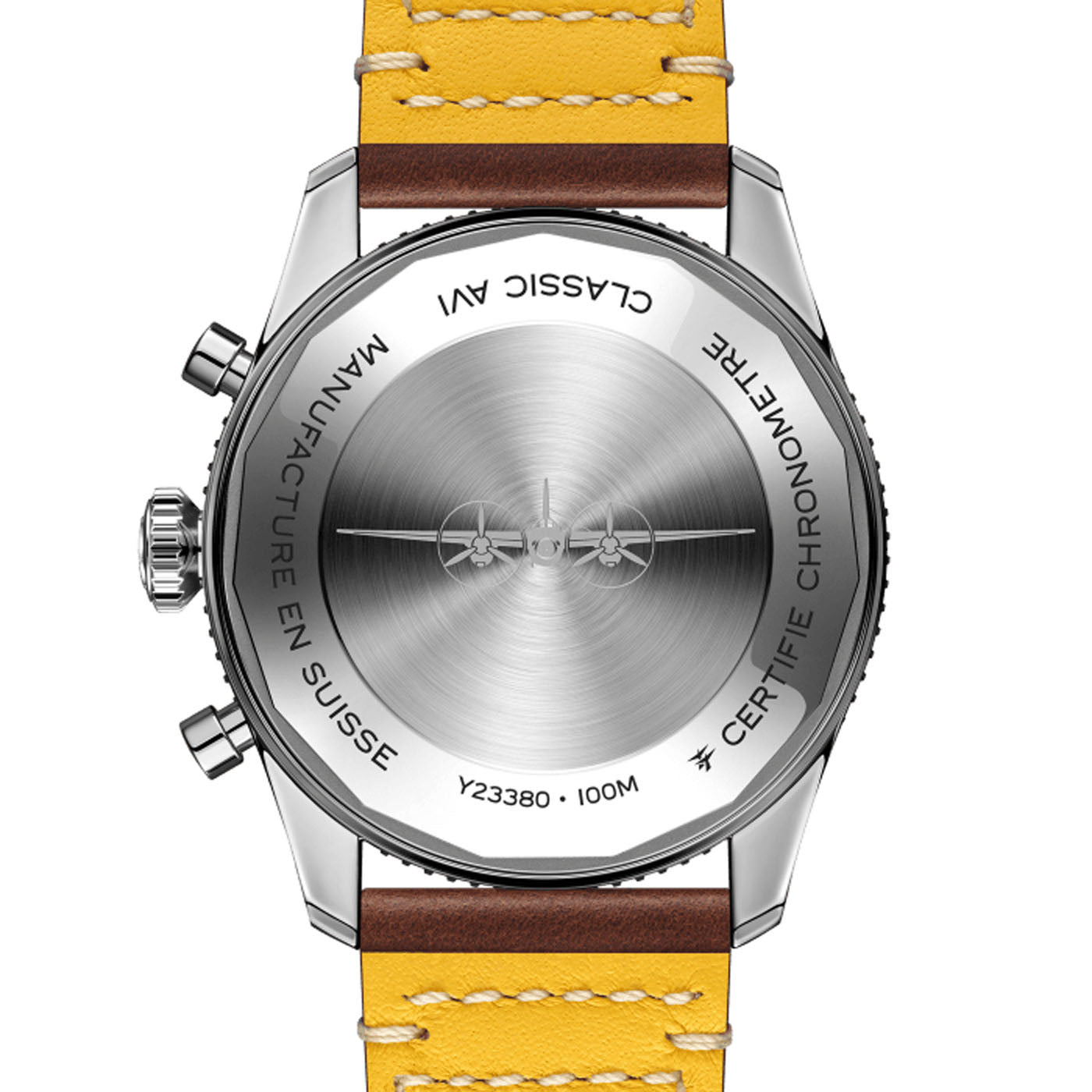 The image displays the reverse side of a BREITLING Classic AVI Chronograph 42 Mosquito wristwatch, engraved with phrases like "CLASSIC AVI," "CERTIFIE CHRONOMETRE," and "MANUFACTURE EN SUISSE." Styled as a pilot's watch, it comes with a yellow and brown leather strap.