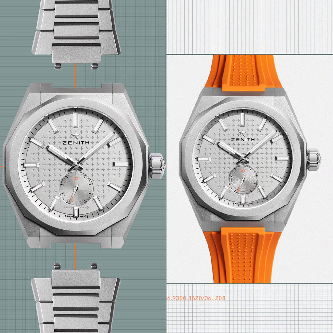 Two Zenith DEFY Skyline C.X. El Primero 3620 SK 41mm watches are shown: the left with a metal bracelet, the right a limited edition of 200 pieces with an orange rubber strap; both have silver octagonal cases and patterned white dials with subdials at 6 o'clock.