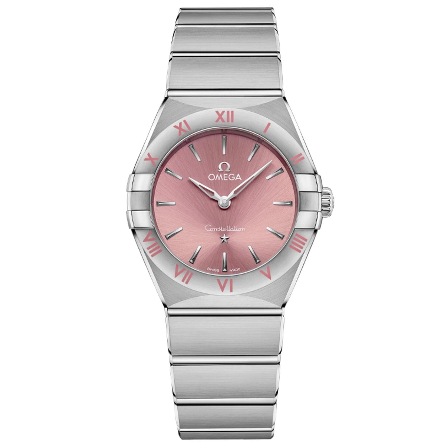 The OMEGA Constellation Quartz 28mm Watch shines with its stainless steel case and captivating pink dial. Silver hour markers, red Roman numerals, and a date window at 6 o'clock add to its sophisticated appeal. Completed with a silver bracelet, this timepiece blends classic allure with a contemporary design.