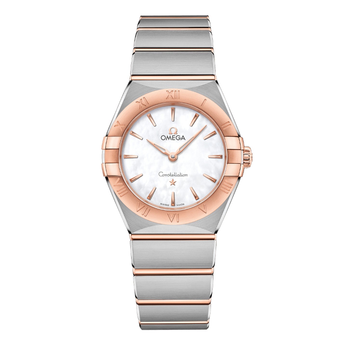Indulge in the luxury of the OMEGA Constellation Quartz 28mm Watch, complete with a silver and rose gold bracelet. The round white dial, adorned with 18K Sedna™ gold accents, prominently features the Omega logo alongside Roman numerals on the bezel. This timepiece exudes classic elegance through its timeless design and precision Calibre 4061 movement.