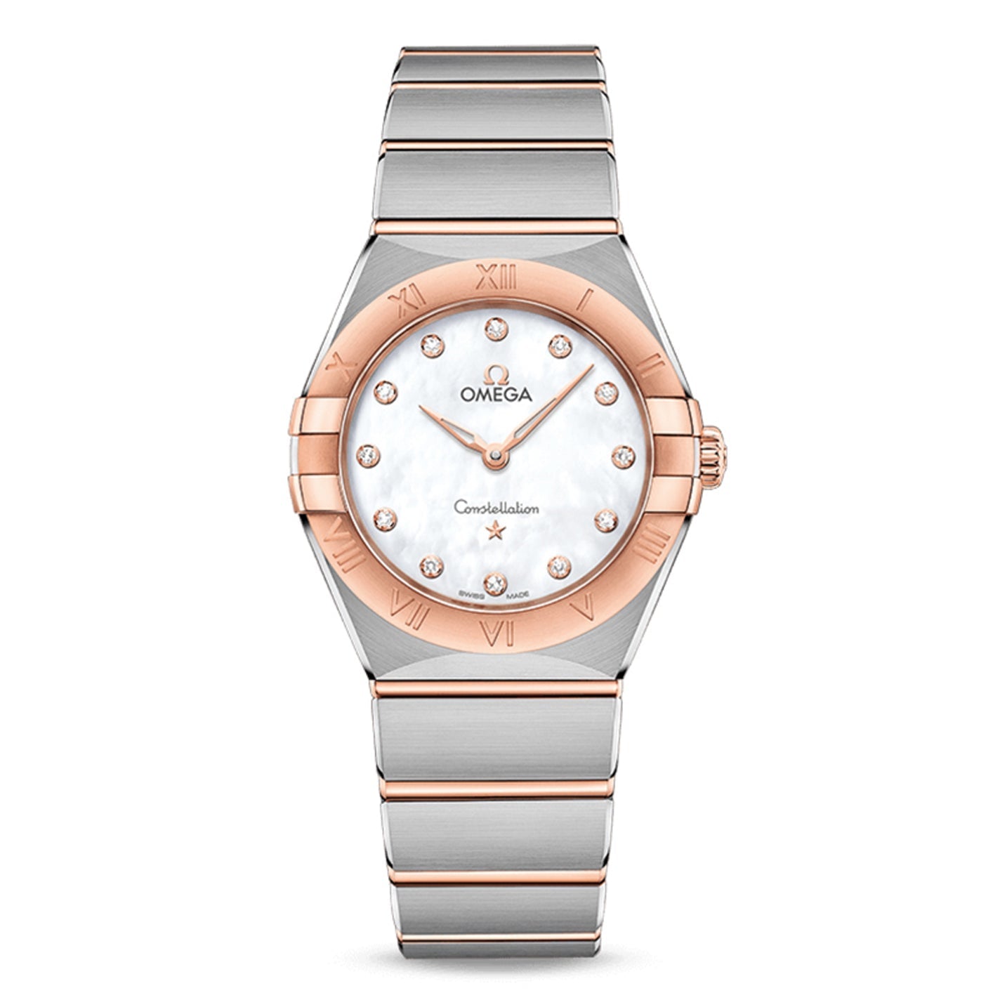 The OMEGA Constellation Quartz 28mm Watch features a two-tone metal band and bezel that beautifully combines silver and Sedna™ gold. Its white dial is adorned with diamond hour markers, Roman numerals on the bezel, and branded with "OMEGA" and "Constellation," containing the precisely crafted Calibre 4061 movement.