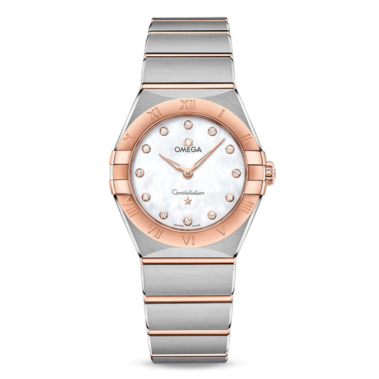 The OMEGA Constellation Quartz 28mm Watch features a two-tone metal band and bezel that beautifully combines silver and Sedna™ gold. Its white dial is adorned with diamond hour markers, Roman numerals on the bezel, and branded with "OMEGA" and "Constellation," containing the precisely crafted Calibre 4061 movement.