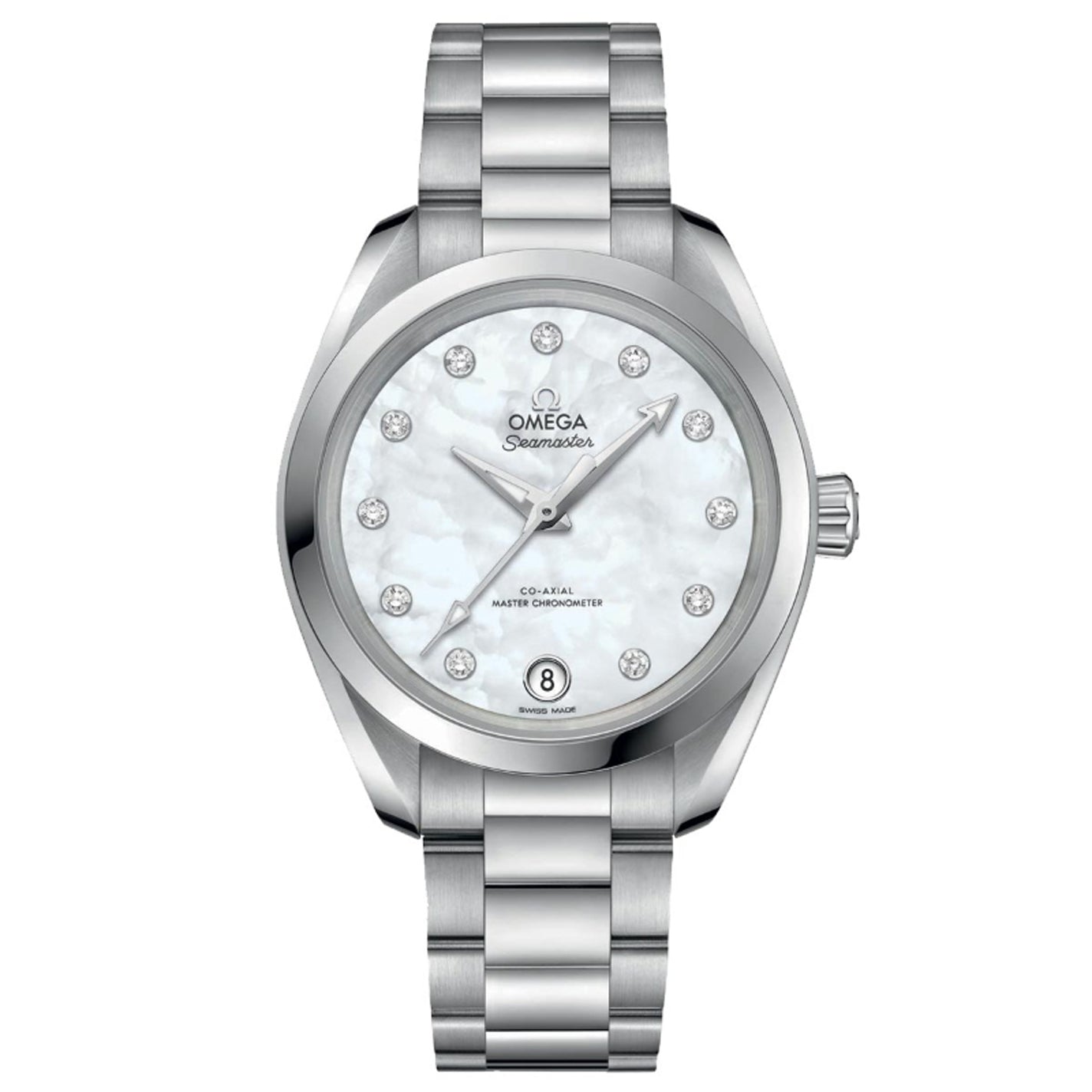 The OMEGA Seamaster Aqua Terra 150M Co-Axial Master Chronometer 34mm Watch flaunts a stainless steel bracelet and a white mother-of-pearl dial accentuated with diamond indexes. It is driven by the OMEGA Co-Axial Master Chronometer calibre 8800, gracefully integrating a date window at the 6 o'clock position.
