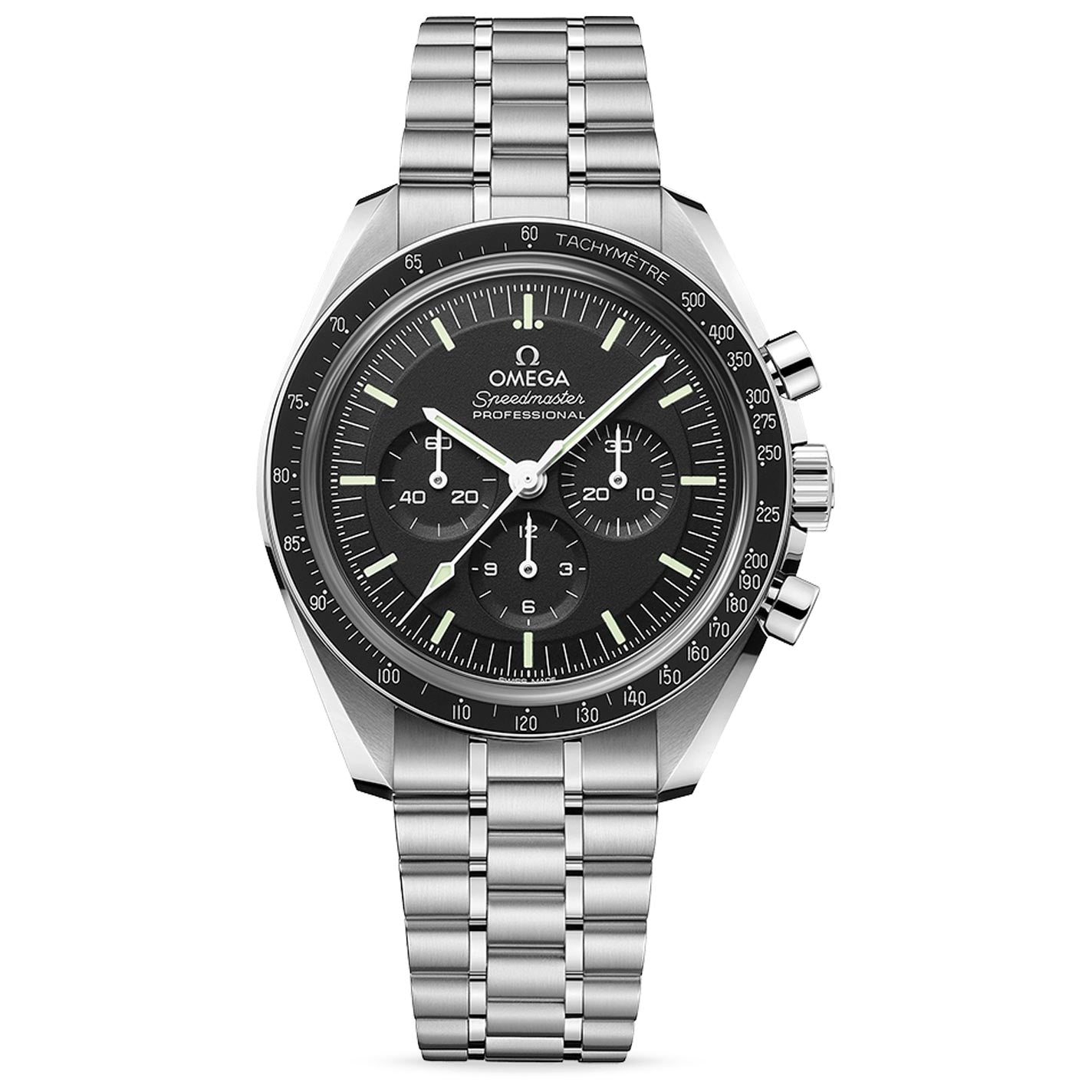 This legendary OMEGA Speedmaster Moonwatch Professional Co-Axial Master Chronometer Chronograph 42mm Watch showcases a black dial with a tachymeter scale on the bezel and three subdials, complemented by an analog display and metal bracelet.