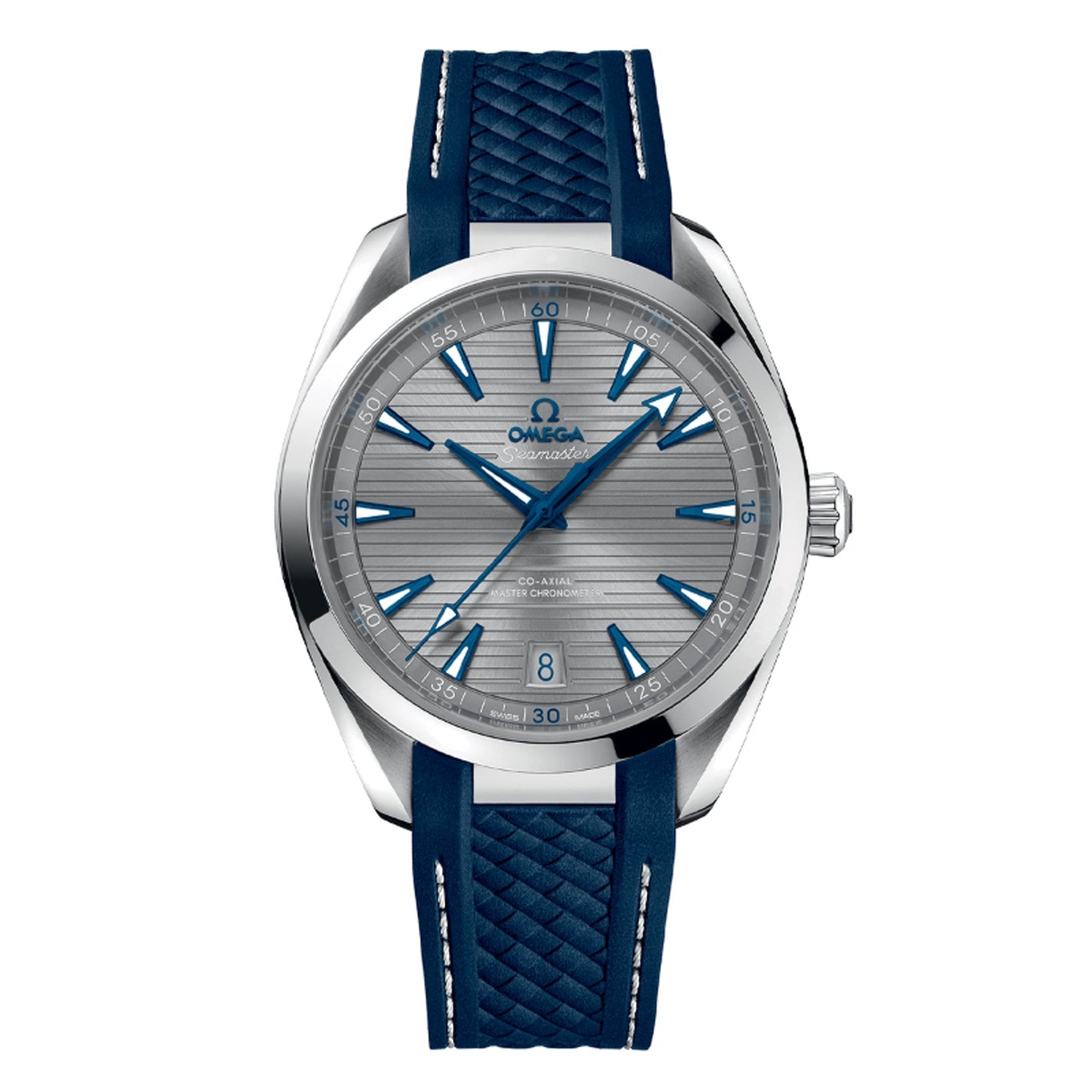 Presenting the OMEGA Seamaster Aqua Terra 150M Co-Axial Master Chronometer 41mm Watch—a luxurious timepiece featuring a silver dial, blue hour markers, and a matching blue strap. This sleek creation by OMEGA boasts a polished silver case and a small date window, seamlessly merging elegance with precision.