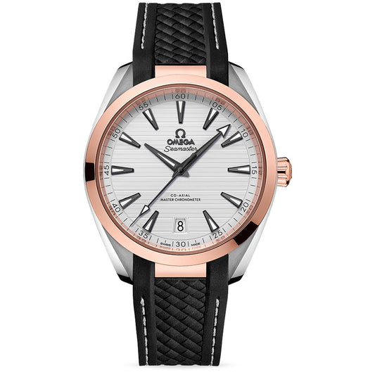 The OMEGA Seamaster Aqua Terra 150M Co-Axial Master Chronometer 41mm Watch exemplifies luxury with its silver dial adorned with slender black hour markers and hands, housed in a sophisticated two-tone silver and rose gold casing. It includes a date display at the 6 o'clock position and is complemented by a black textured strap, capturing the elegance of the Aqua Terra collection from OMEGA.
