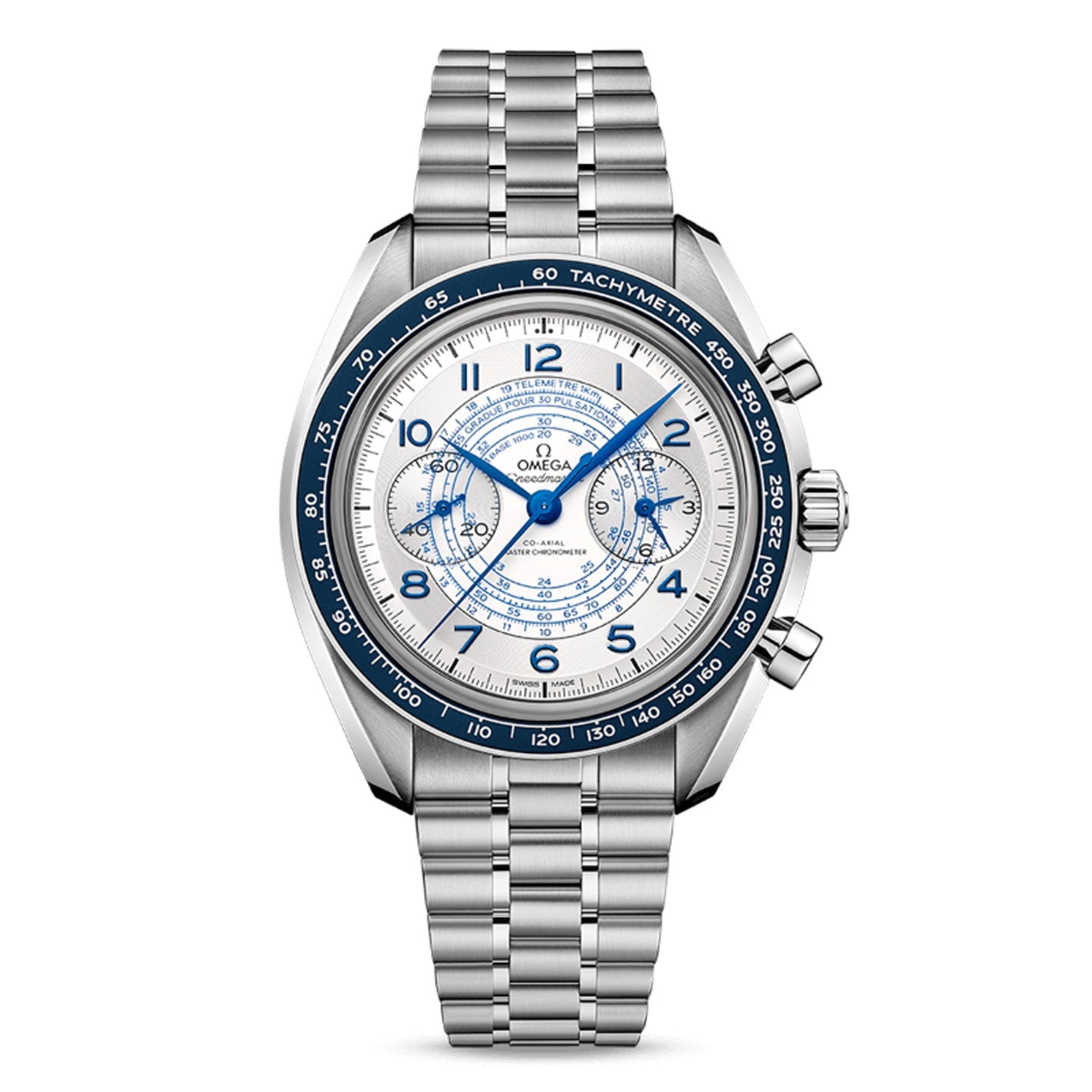 The OMEGA Speedmaster Chronoscope Co-Axial Master Chronometer Chronograph 43mm Watch features a silver analog design with a blue and white chronoscope dial. This watch includes a tachymeter scale on the bezel and comes with a stainless steel bracelet. It has visible clock hands and numerals, along with two pushers and a crown on the right side, all true to OMEGA's renowned craftsmanship.