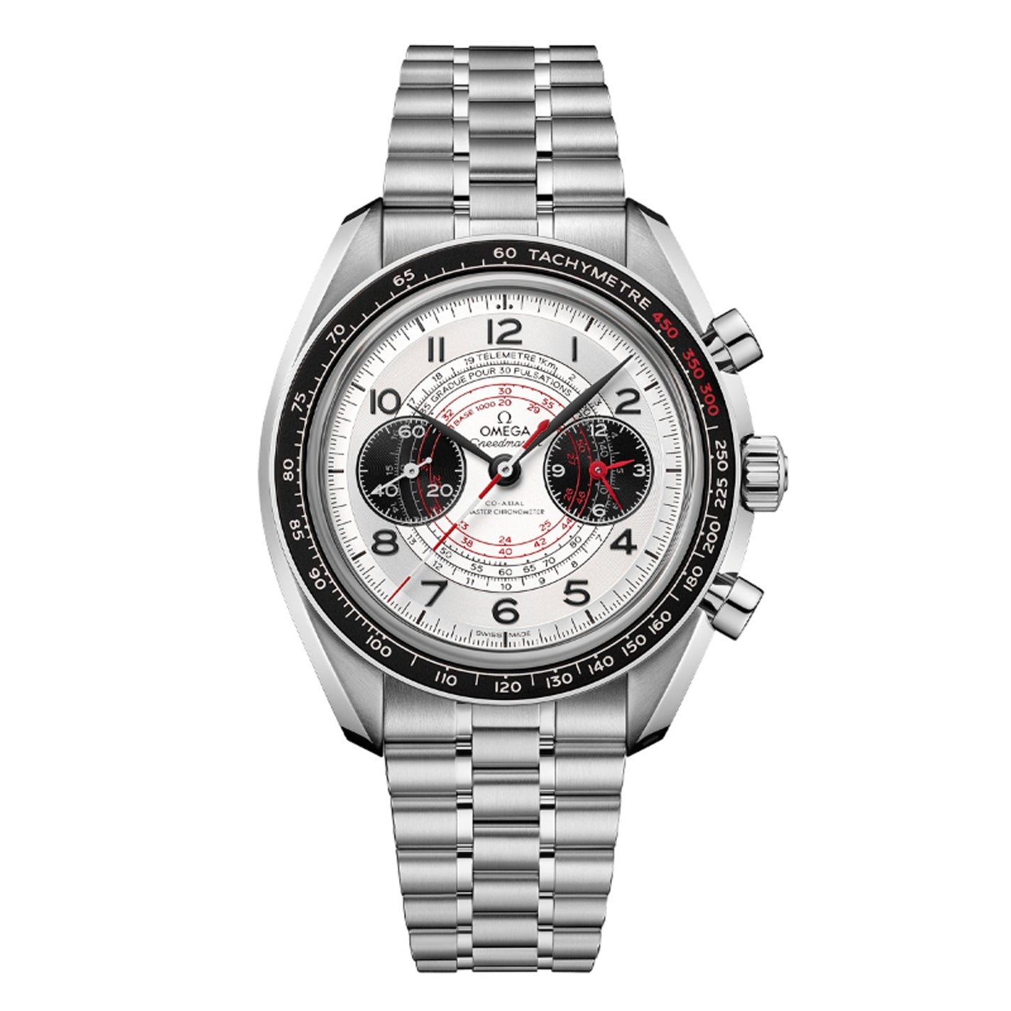 A 43mm OMEGA Speedmaster Chronoscope Co-Axial Master Chronometer chronograph wristwatch featuring a silver metal bracelet, round white dial with three subdials, and black and red bezel markings. The brand name "OMEGA" is prominently displayed, highlighting the sophisticated OMEGA Co-Axial Master Chronometer Calibre 9908 mechanism in this exquisite design.