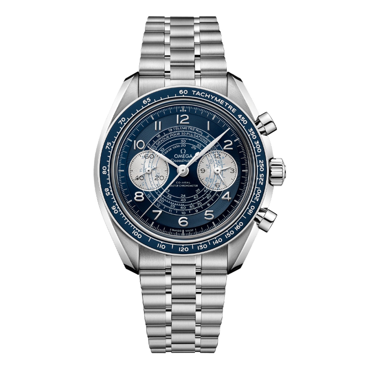 The OMEGA Speedmaster Chronoscope Co-Axial Master Chronometer Chronograph 43mm Watch features a blue face with three subdials and a tachymeter scale on the bezel. It comes with a silver metal bracelet and showcases an intricate chronoscope design, all driven by the precise OMEGA Co-Axial Master Chronometer Calibre 9908.