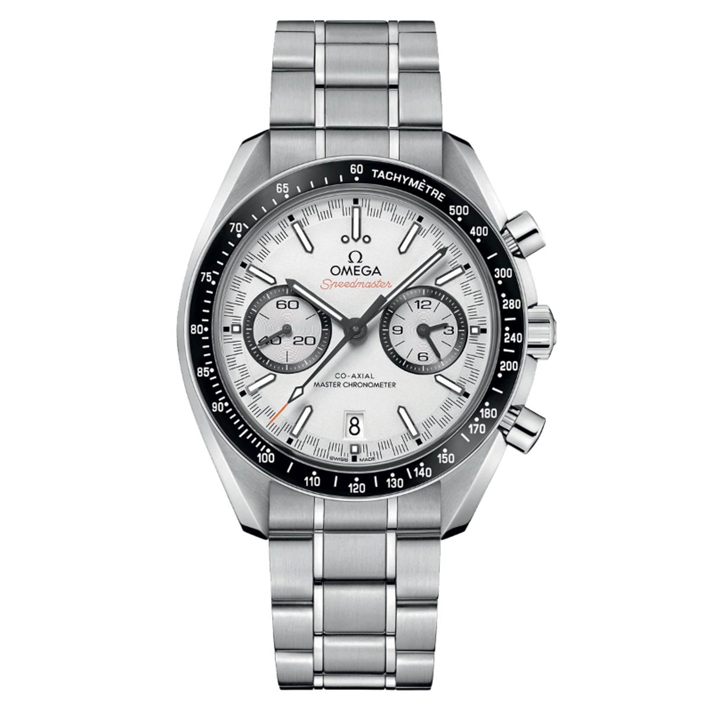 An OMEGA Speedmaster Racing Co-Axial Master Chronometer Chronograph 44.25mm watch featuring a sleek silver design with a stainless steel bracelet. The watch includes a white dial, complemented by a black bezel with a tachymeter scale. Three subdials add to its precision, and it features two pushers on the right side alongside bold hour markers, perfectly encapsulating the essence of an OMEGA Master Chronometer.