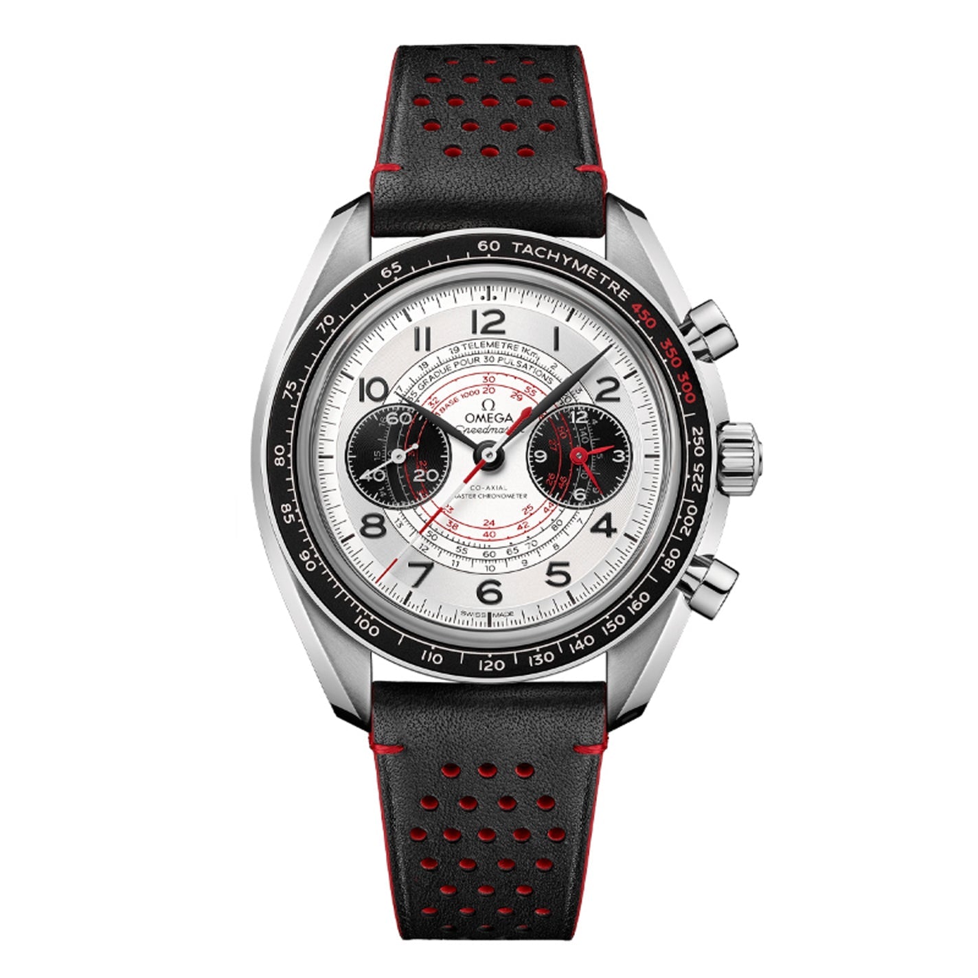 Discover the refined elegance of the OMEGA Speedmaster Chronoscope Co-Axial Master Chronometer Chronograph 43mm Watch. This luxurious timepiece boasts a silver dial accentuated with black and red details, complemented by a tachymeter bezel. Its design features a black perforated leather strap with red stitching and multiple sub-dials for precise timekeeping, all powered by the Master Chronometer Calibre 9908 for superior accuracy.
