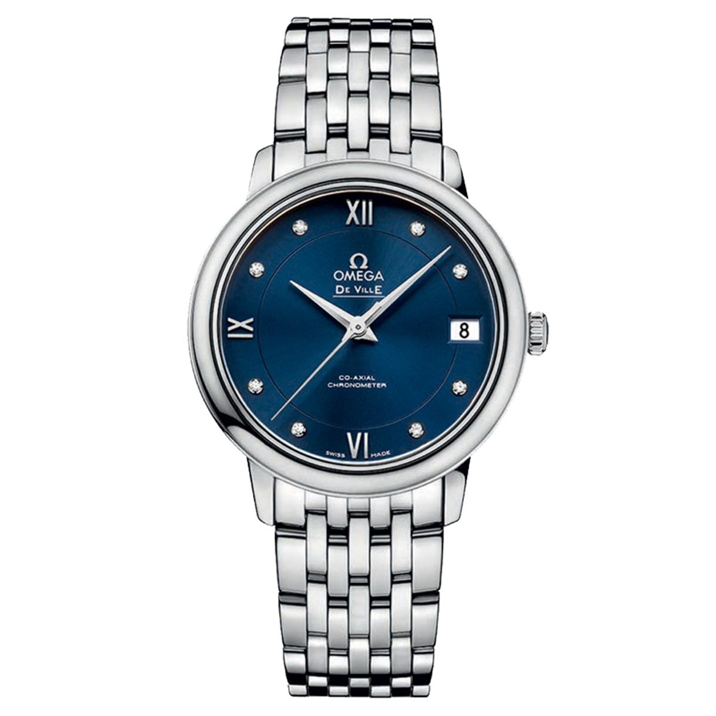 The OMEGA De Ville Prestige Co-Axial Chronometer 32.7mm Watch features a silver case complemented by a striking blue dial, adorned with diamond-set indexes and Roman numerals positioned at 3, 6, 9, and 12 o'clock. Driven by the Co-Axial calibre 2500, it includes a date window at the 3 o'clock position and is elegantly paired with a metal link bracelet.