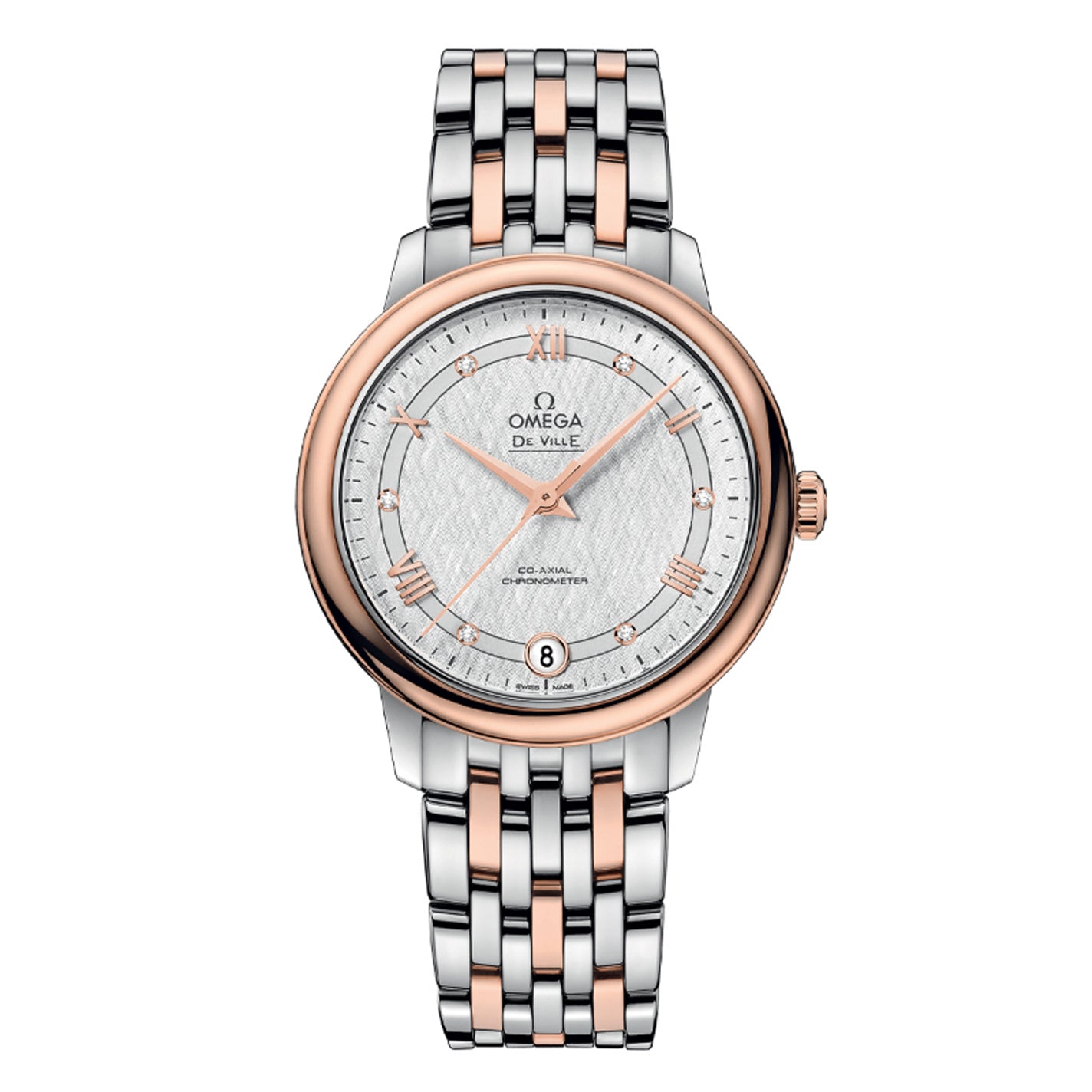 The OMEGA De Ville Prestige Co-Axial Chronometer 32.7mm Watch features a silk-pattern silver dial with a rose gold rim and black hour markers. Its refined silver and rose gold band beautifully enhances the OMEGA Co-Axial Chronometer design, while the date display is elegantly positioned at 6 o’clock for added functionality.