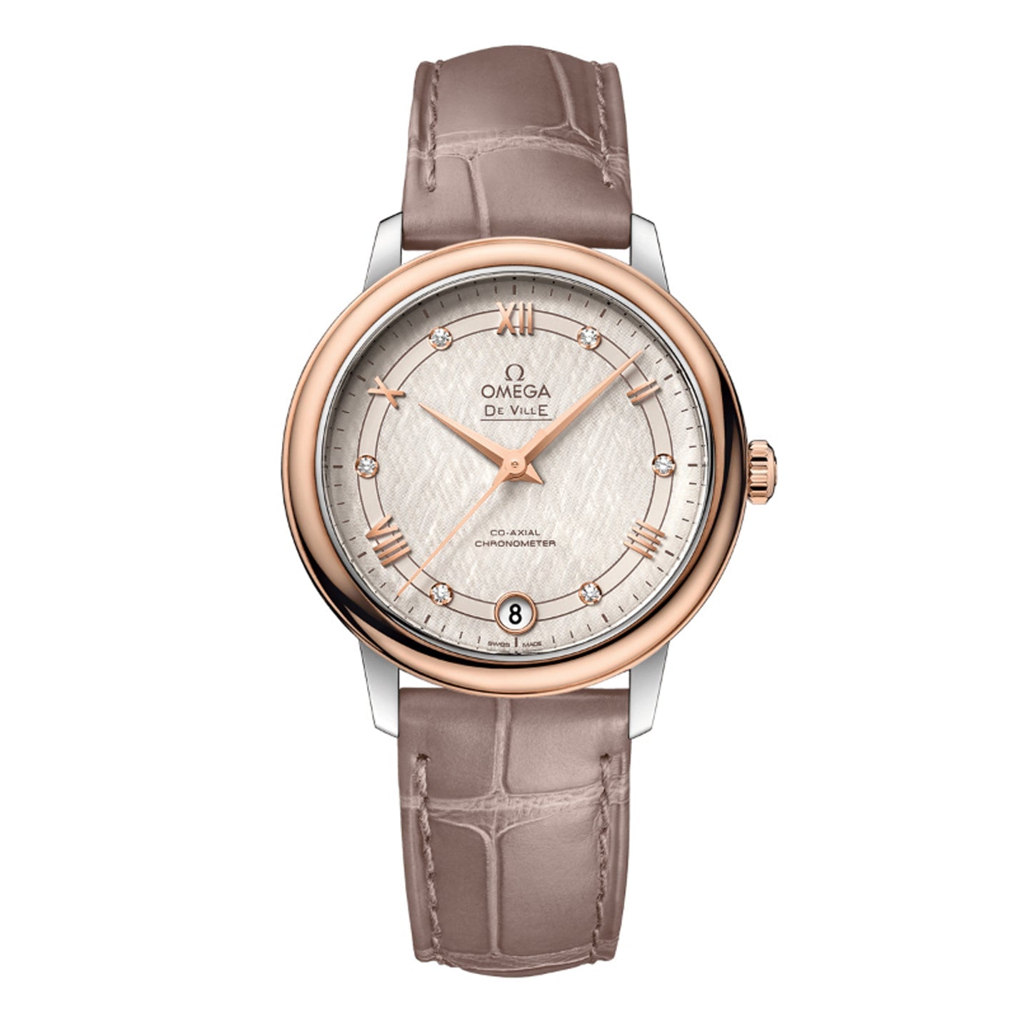 The OMEGA De Ville Prestige Co-Axial Chronometer 32.7mm Watch by OMEGA showcases a luxurious design with a silver dial and rose gold bezel. It features Roman numeral hour markers and a date display at six o'clock, exuding classic elegance with its brown leather strap that boasts a crocodile pattern for timeless sophistication.