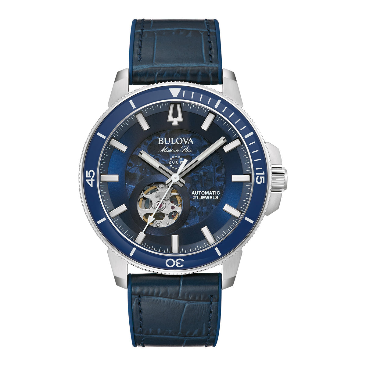 The Bulova Marine Star Automatic 45mm Watch captures a nautical essence with its blue leather strap paired with a sleek silver case. Its blue dial, featuring silver accents and an open heart design, showcases the intricate automatic movement. Emphasizing its craftsmanship, the watch is marked with "Automatic 21 Jewels" and offers water resistance up to 200 meters.