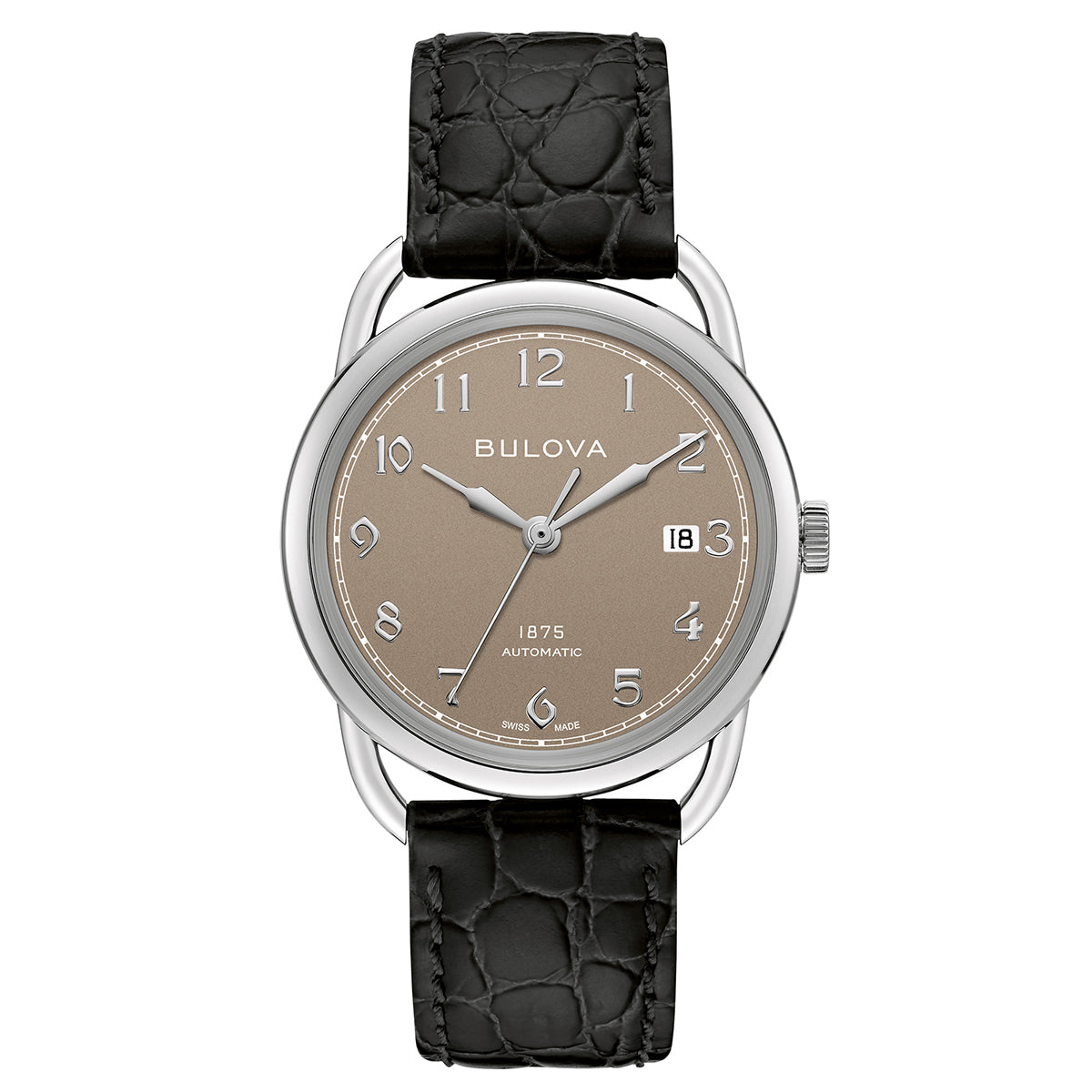 The Bulova Commodore Joseph Bulova Automatic 38mm Watch Limited Edition, part of the esteemed Bulova brand, features a brown dial adorned with silver hour markers and hands. It includes a date display at the 3 o'clock position and is marked with an "1875 Automatic" label. The watch is encased in silver and paired with a black leather strap, showcasing its Swiss-made automatic movement.