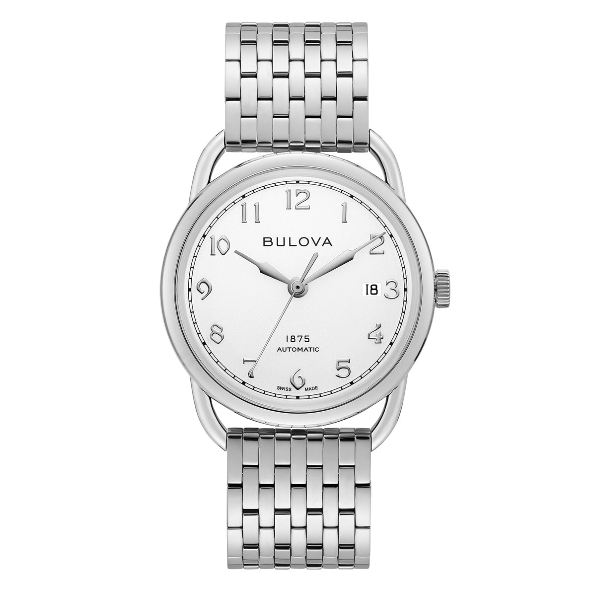 This limited edition Bulova Commodore Joseph Bulova Automatic 38mm Watch showcases a distinctive design from the Bulova brand, featuring a round white face with silver hour markers. The dial includes a date display at 3 o'clock and is inscribed with "Bulova 1875 Automatic." Its sleek metal link bracelet adds to its elegant appearance.