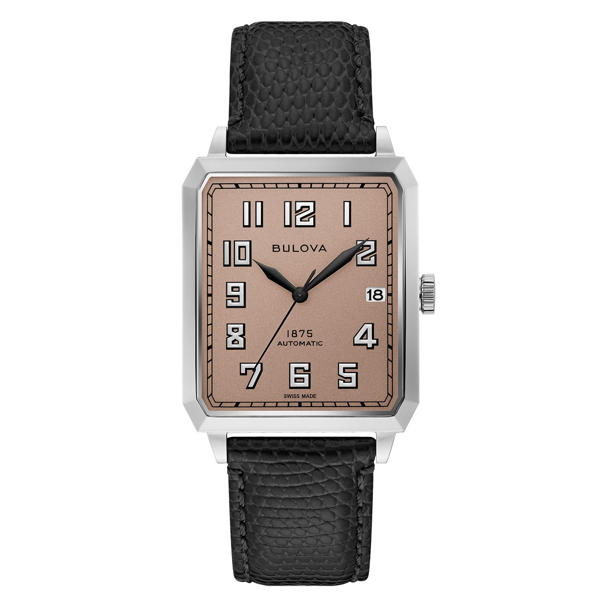 The Bulova Breton Joseph Bulova Automatic 32mm Watch Limited Edition showcases a rectangular beige face with black numerals and hands, highlighted by a date window at 3 o'clock. This Swiss-made timepiece, from the esteemed Bulova brand, features a silver bezel and a black textured leather strap, crafted in limited production.