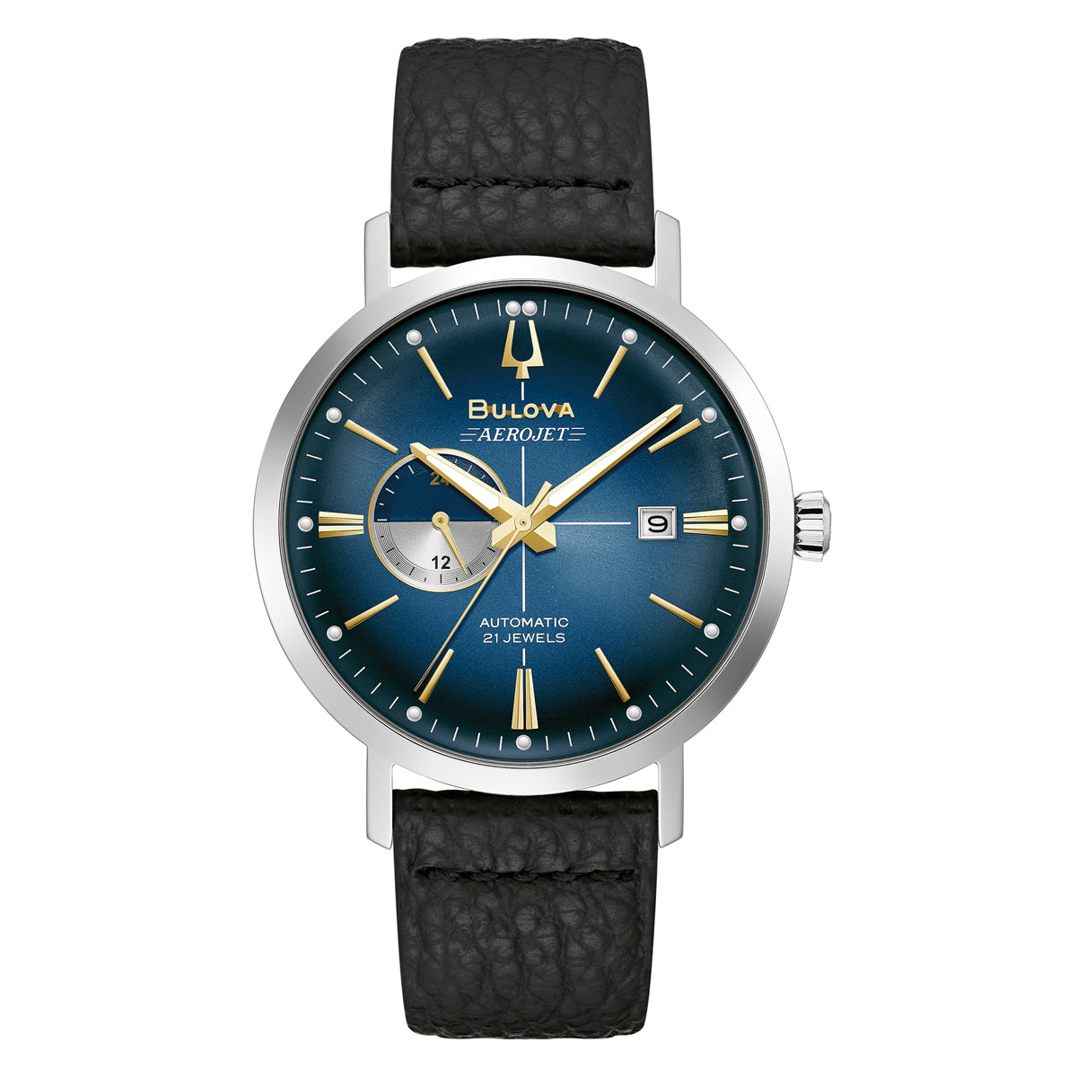 The Bulova Aerojet Automatic 41mm Watch is a luxurious timepiece with a blue dial and silver and gold-tone markers. It includes a date window, small seconds subdial, and a black leather strap, capturing the essence of vintage watches. Displaying "Automatic 21 JEWELS," it embodies timeless elegance in every detail.