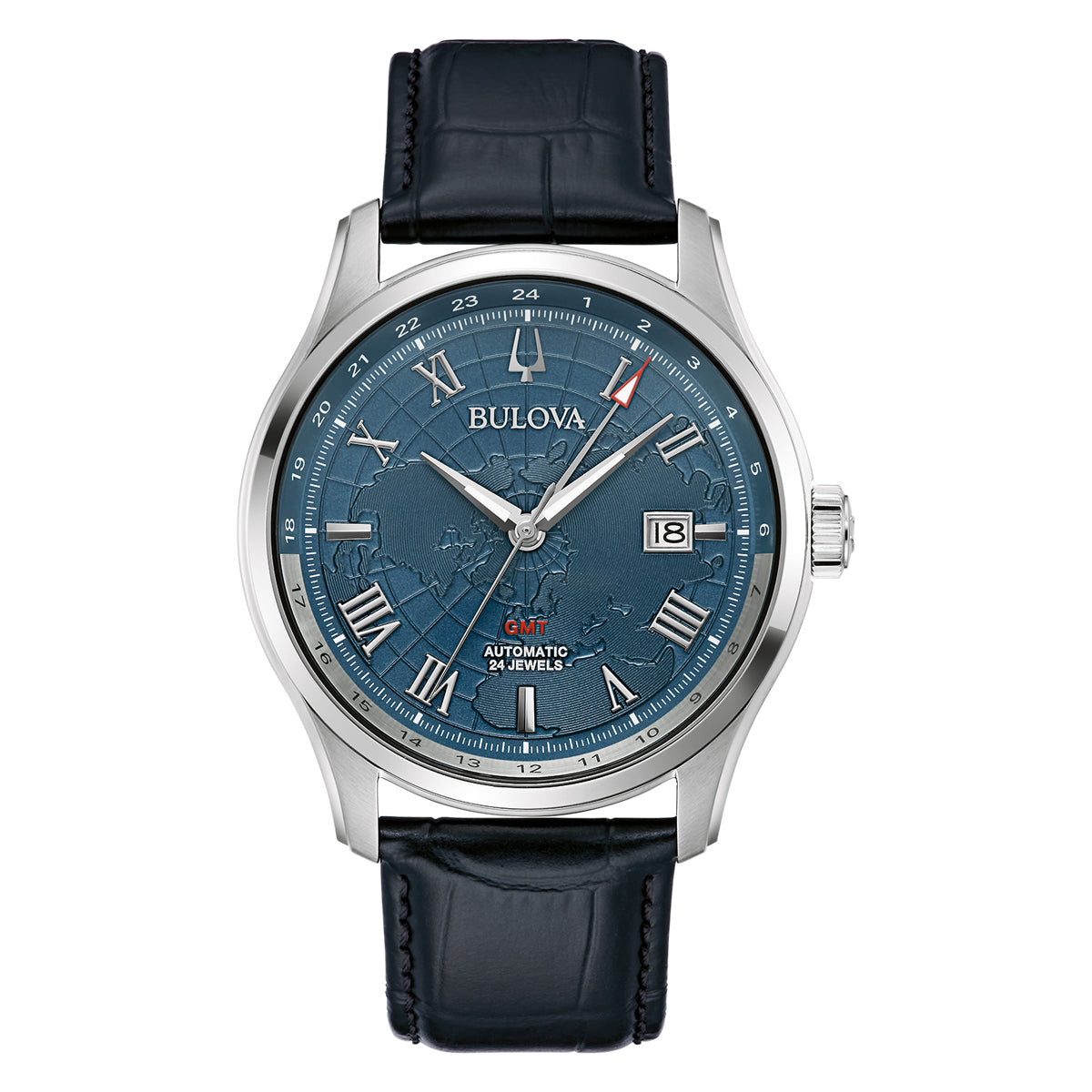 The Bulova Classic Wilton Automatic GMT 43mm Watch features a striking silver design with a blue dial adorned with Roman numerals and a world map motif. It includes a date display and boasts a sophisticated black leather strap. The watch is equipped with GMT functionality, automatic movement, and displays "21 jewels" text on the face.