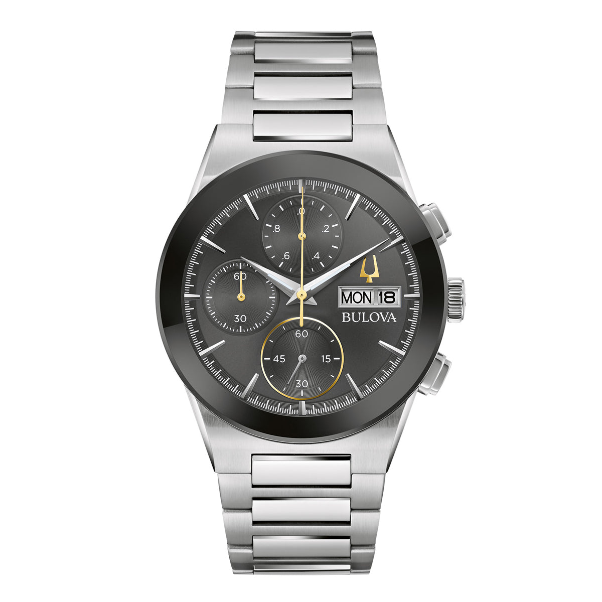 The Bulova Millennia Quartz 41mm Watch from Bulova boasts a stylish silver stainless steel bracelet, a dark round face with three sub-dials, and a digital display for the day and date. Its polished band enhances the sophisticated modernity of this exceptional chronograph timepiece.