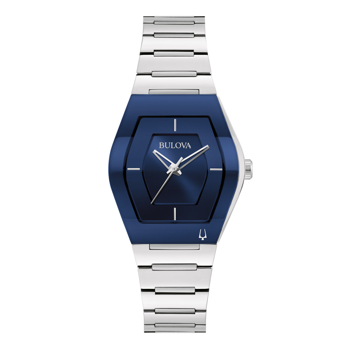 Introducing the Bulova Gemini Quartz 30mm Watch, showcasing a stainless steel design. This timepiece features a distinctive hexagonal blue dial adorned with silver hour markers and hands. Its silver metal bracelet, crafted with rectangular links, enhances the modern and sophisticated aesthetic.