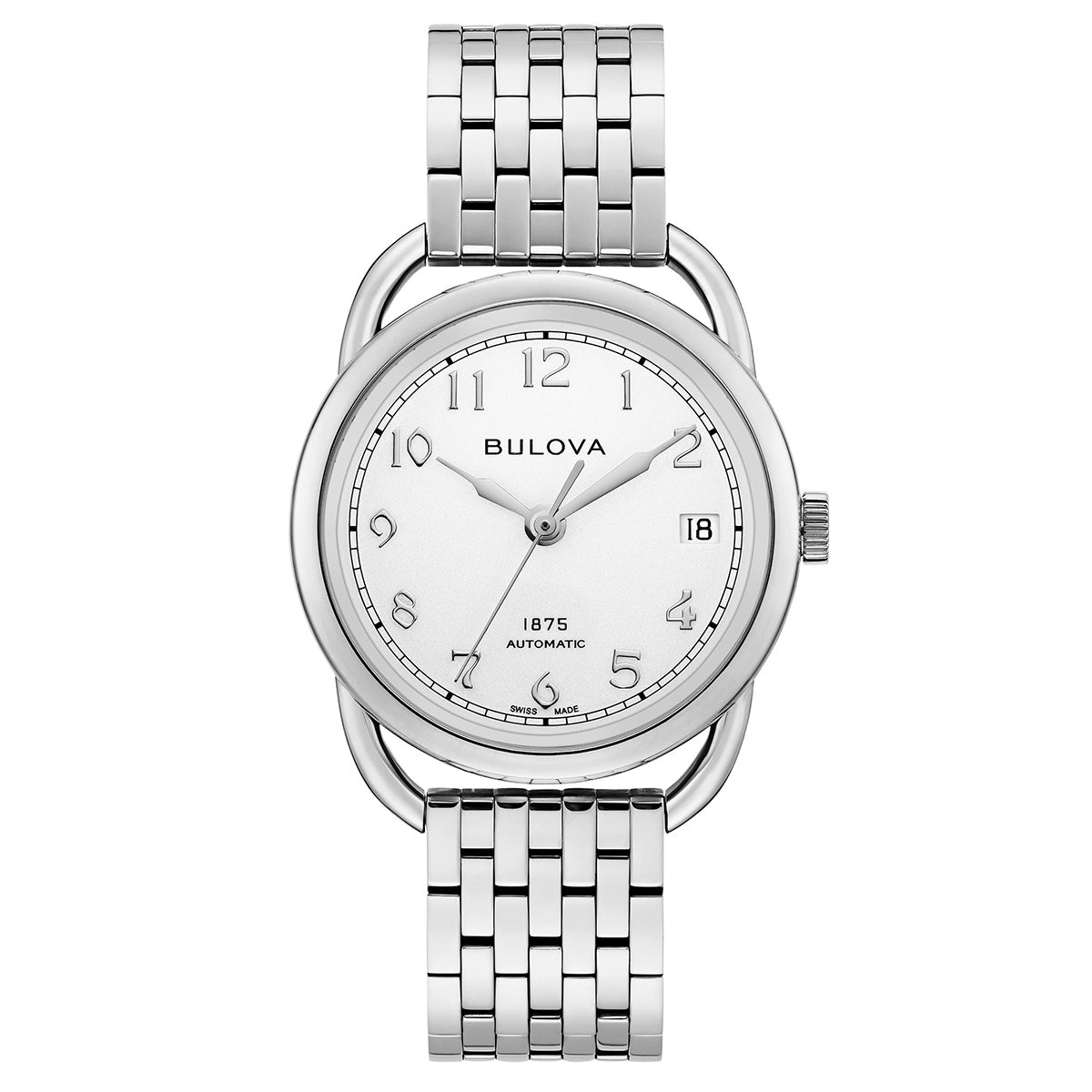 Introducing the Bulova Commodore Joseph Bulova Automatic 34mm Watch, a limited edition timepiece with only 340 pieces available. This exquisite watch features a stainless steel case coupled with a silver metal bracelet and boasts a round white face adorned with silver hour markers and a date display. Proudly displaying "Automatic," its classic and elegant design showcases the brand's name and the iconic "1875" on the dial.